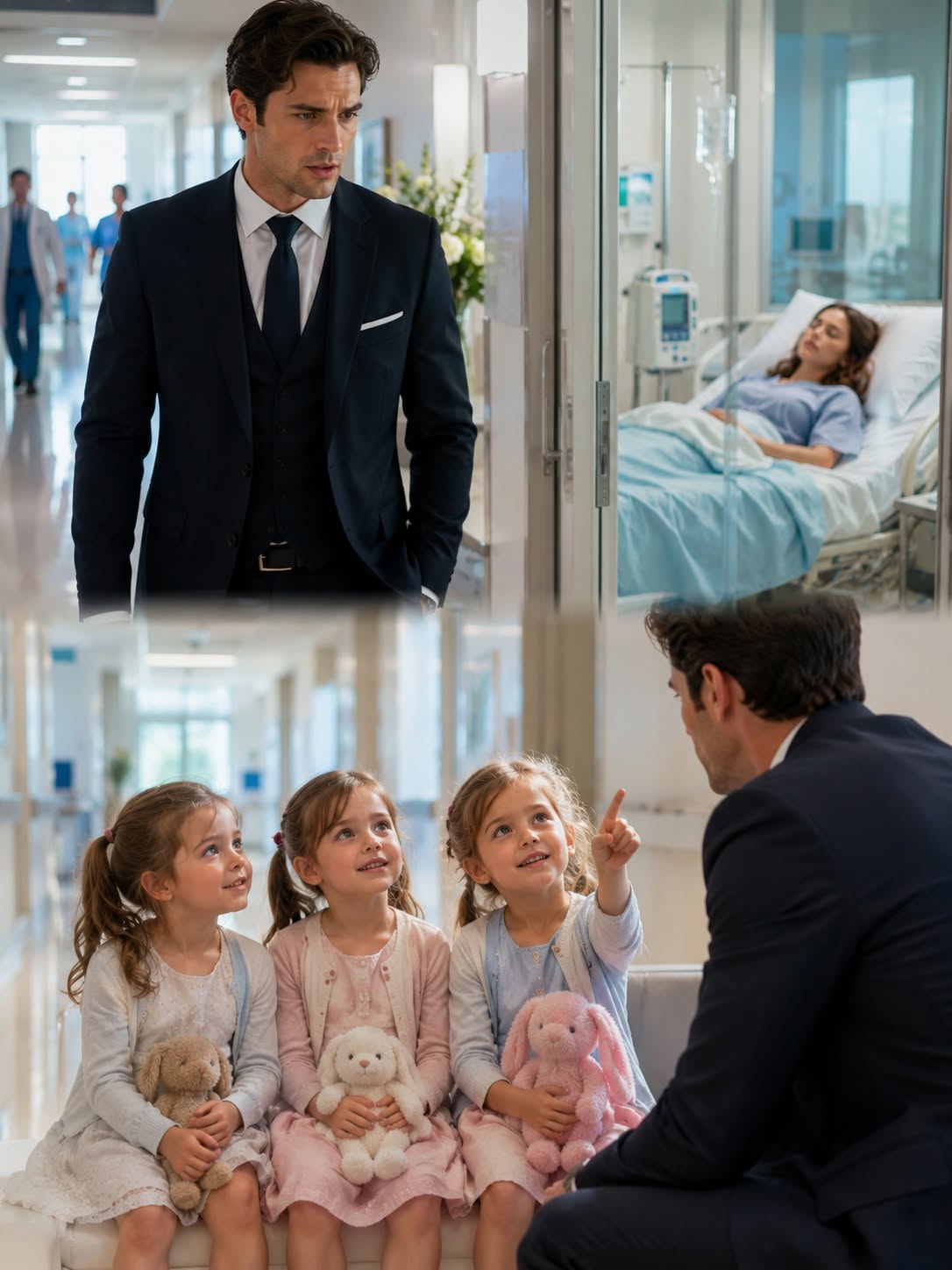 He Came to the Hospital to See His Ex — But the CEO Froze When Three Little Girls Sat Outside Her Room… Then One Asked, “Are You Our Dad?”