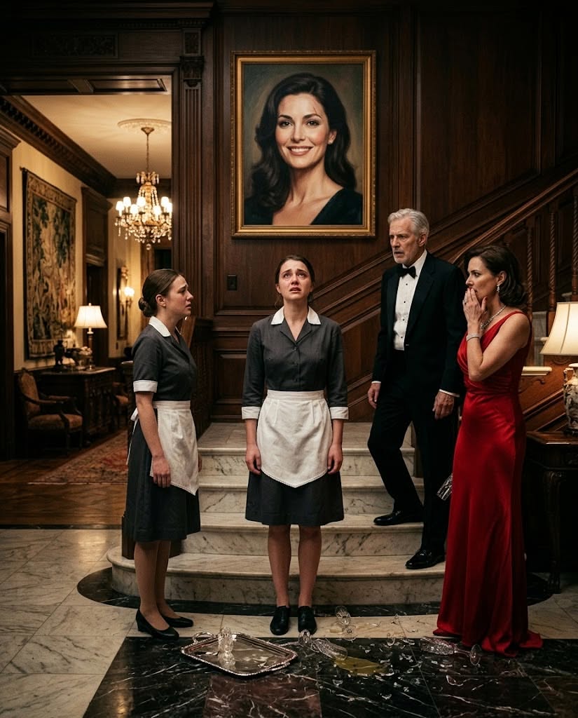On my first night as a maid, I stood frozen beneath the portrait in the billionaire's hallway. "Why is my mother's picture here?" I asked. He was stunned. His wife dropped her champagne glass. By midnight, confidential files proved she had orchestrated my mother's disappearance. At dawn, she was handcuffed and led away – and I returned to the mansion as his biological daughter and sole heir....