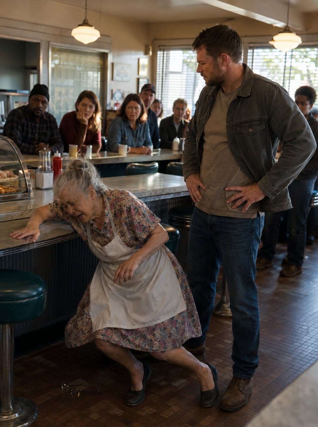 Inside her North Carolina diner, a bu:lly confronted my 75-year-old mother and sh0ved her, claiming he was free to do whatever he pleased; however, the incident was brushed off by the local sheriff as a mere fall, and her regular patrons simply stared at the floor. Quietly returning home to avoid causing a scene, I preserved the footage he assumed had been cut short and waited by the counter—until two black SUVs arrived, and an officer stepped in, greeting me with a rank that nobody in this town knew I possessed.