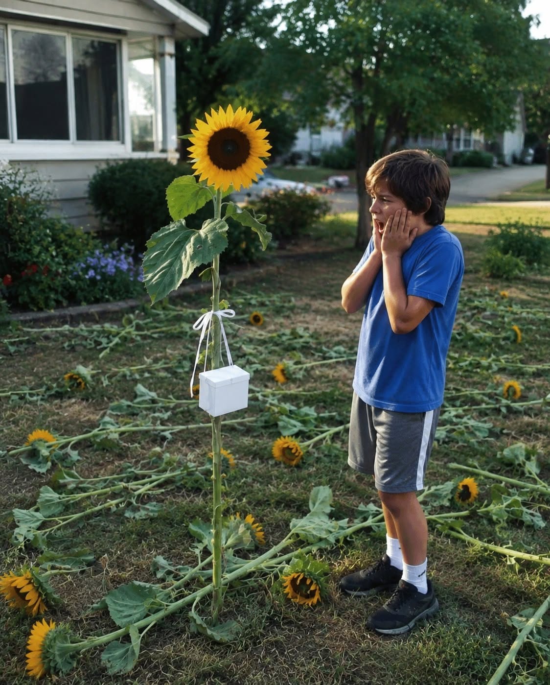 We made a discovery on the sixth anniversary of his late twin sister's death: all except one of the sunflowers my son planted every year had been cut down by someone, with a small white box left hanging from the survivor.