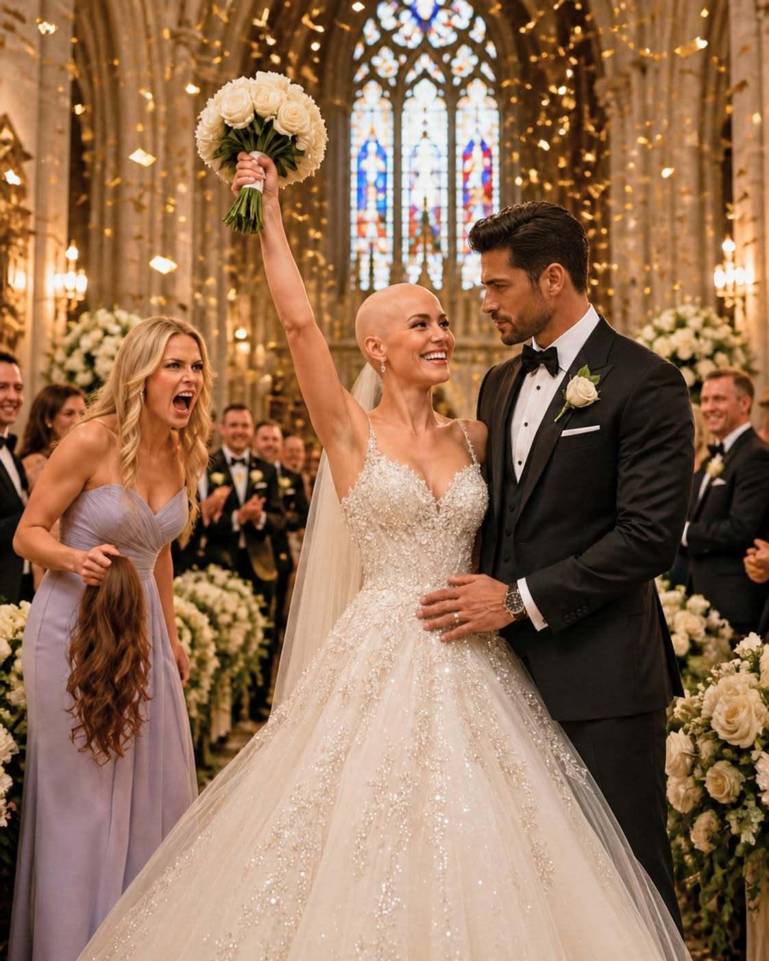 Before my $5M wedding, my cruel golden sister hid my wig to mock my chemo hair loss. "A bald bride for a perfect groom. You look like a sick rat," she mocked, pushing me toward the aisle. I calmly wiped my lipstick, left the dressing room bareheaded, and put on a $2M diamond tiara. As I walked down the aisle, the 500 guests didn't laugh. They all stood in silent respect as my groom announced...