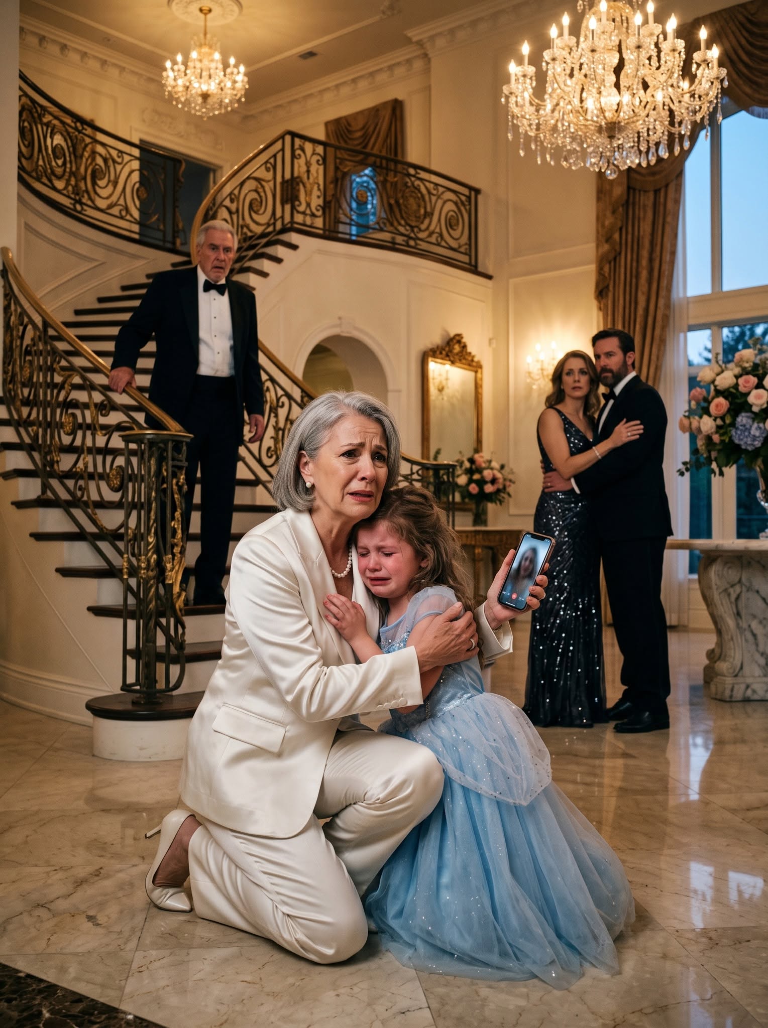 My husband's mistress sla//pped my 5-year-old daughter 10 times in a row while he just stood by and watched coldly. Hours later at a billionaires' gala, the entire room froze when my crying daughter hugged the wealthiest tycoon and screamed, "Grandpa… she is the one who h;;it me!"