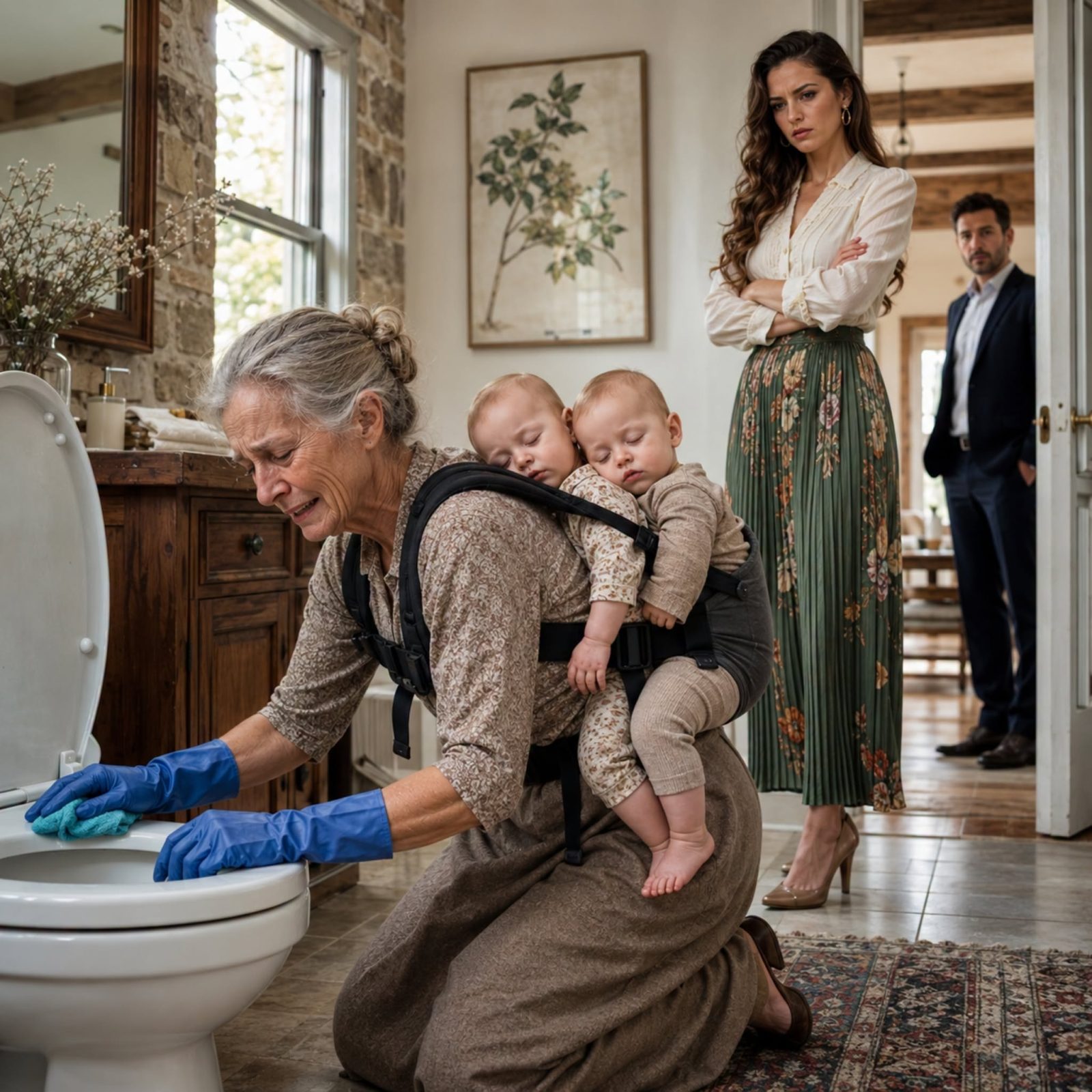 THE MILLIONAIRE CAME HOME EARLY… AND FOUND HIS MOTHER ON HER KNEES WITH HIS TWINS STRAPPED TO HER BACK
