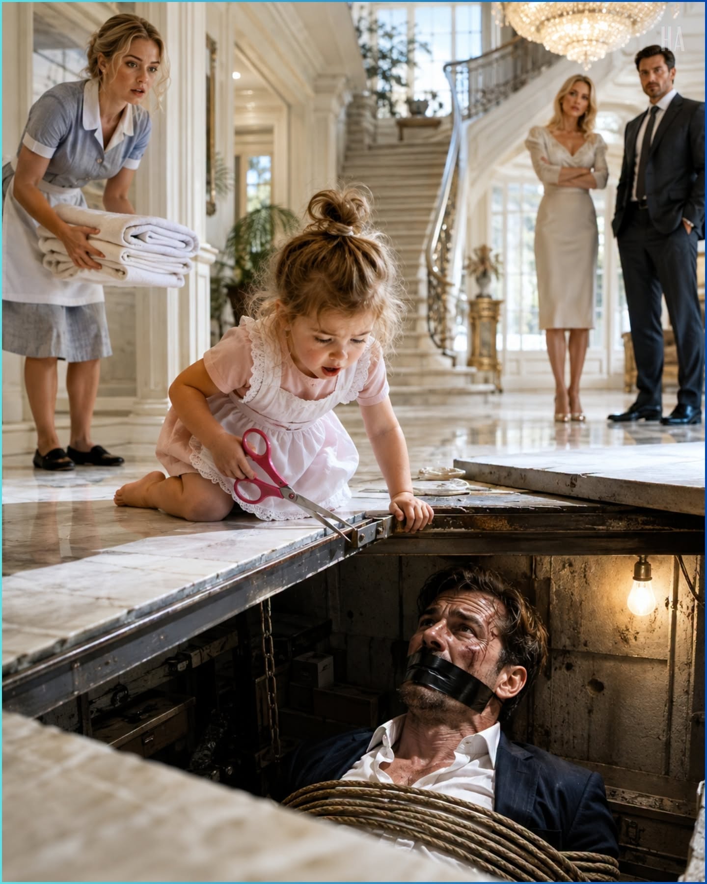The Maid’s Toddler Found the Mafia Boss Tied Up Beneath His Own Mansion and the Broken Pink Scissors Exposed the Man Who Planned to Take Everything