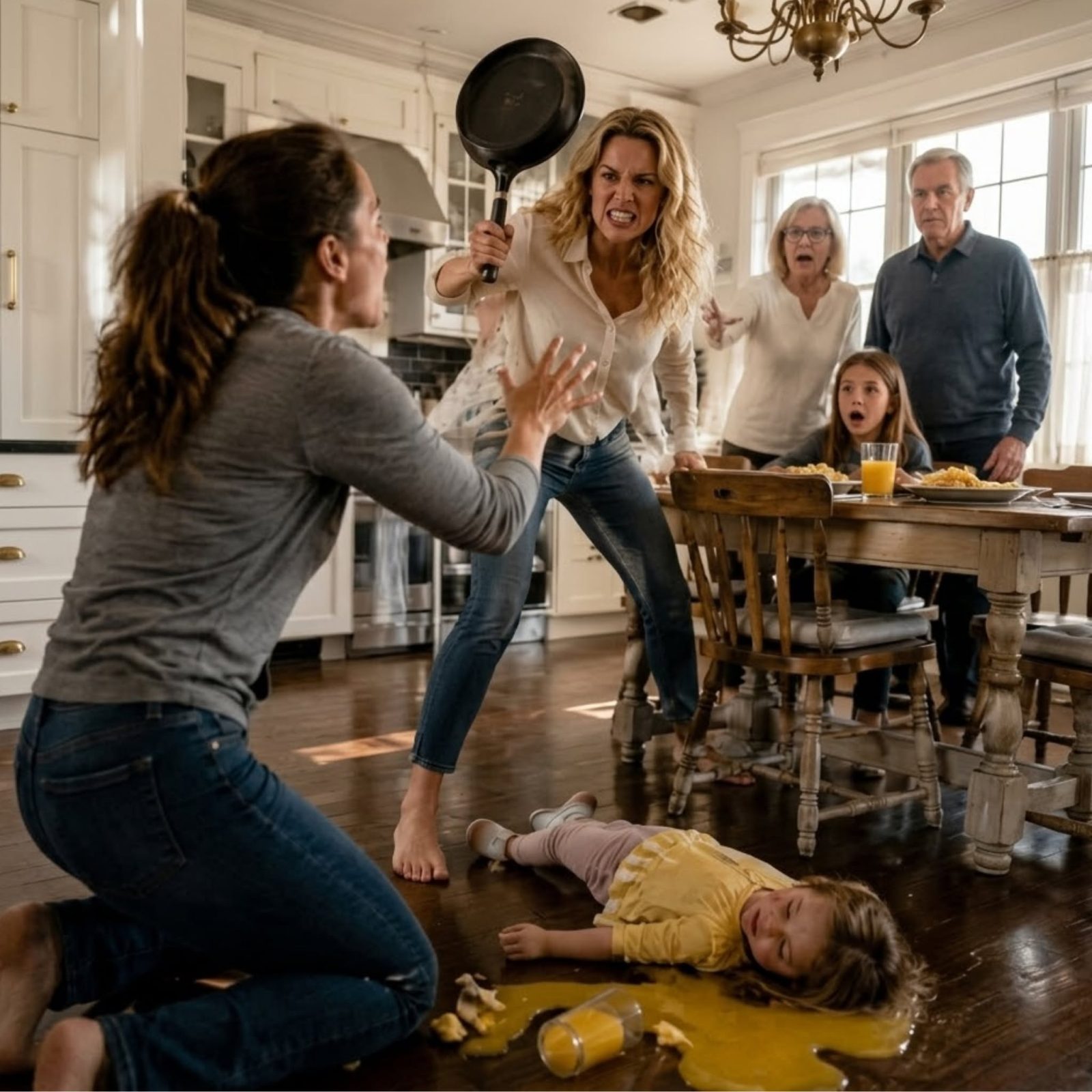 During breakfast, my innocent four-year-old daughter mistakenly sat at my niece’s place and started eating. My sister saw this and hurled the hot frying pan at her face, knocking her unconscious. Hearing the loud thud, I ran downstairs to confront her, saying, “What kind of monster—” Before I could finish, my mother said, “Stop shouting! Take her somewhere else—she’s ruining the atmosphere for everyone!” I rushed my daughter to the hospital and…