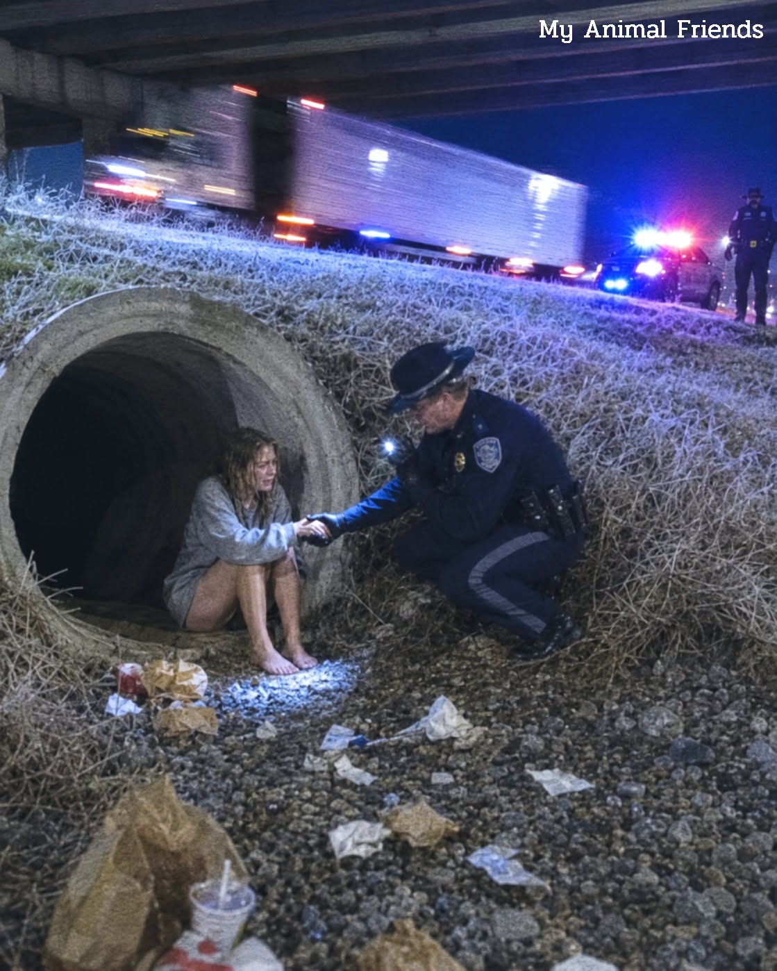 I saw a barefoot 7-year-old girl waving at semi-trucks on a traffic camera at 4 a.m. A man had warned her, "If you scream, your little brother stays in that pipe forever." I didn't argue with dispatch — and what I found hidden inside the concrete drainage pipe changed my life forever.