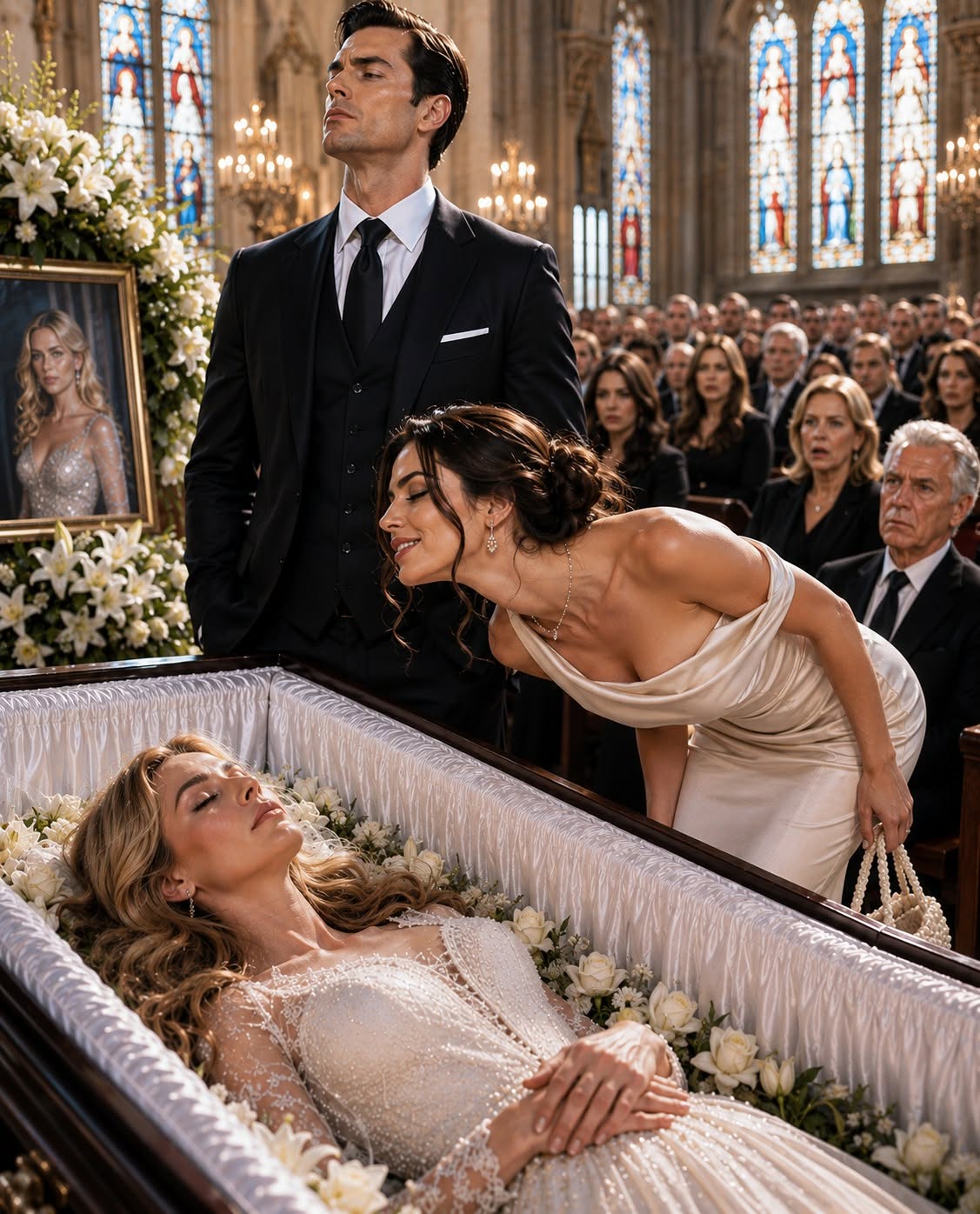 My husband brought his mistress to my funeral and stood beside my open casket as if my death had finally set him free. Then she leaned close to my face, smiled, and whispered something cruel enough to make my husband smirk, but neither of them noticed the tiny movement beneath the white flowers covering my hand.