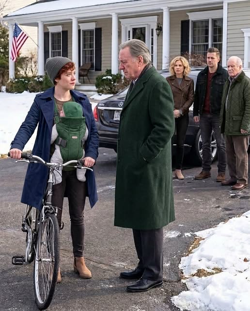My grandfather found me standing out in the cold, my newborn held tightly against my chest, an old bicycle beside me with a flat tire. His eyes moved slowly—from my baby, to the broken wheel, then toward the driveway where my sister was driving the car that was meant for me. His tone stayed calm, but there was a quiet edge when he asked,