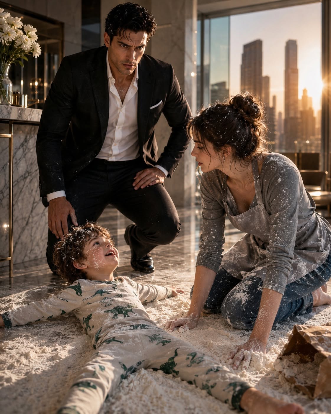 Before sunrise, the most feared Mafia boss in New York stormed into his penthouse convinced someone had broken in. Instead, he found his housekeeper lying on the kitchen floor beside his silent five-year-old son, both covered in flour—and the first word the little boy had spoken in months exposed a secret that would change everything he believed about the woman he had invited into his home.