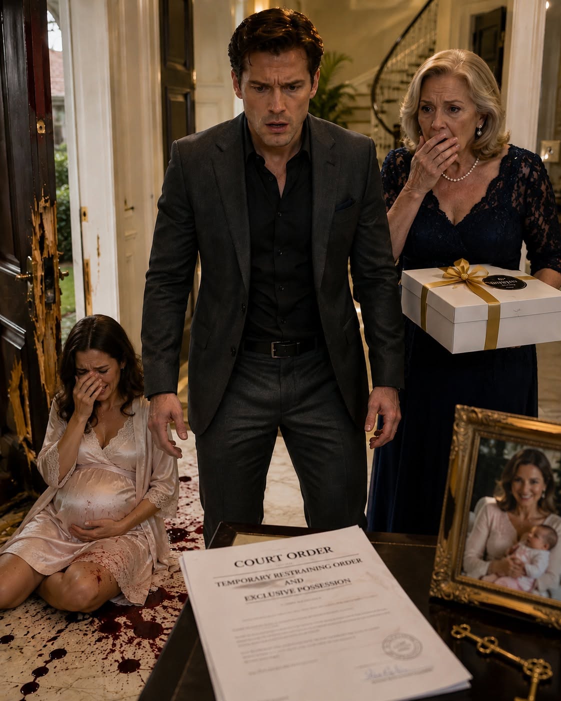 My husband locked me inside our house while I was in labor, then drove away to attend his mother’s birthday dinner. Two days later, he came home smiling with leftover cake, expecting me to apologize. Instead, he found blood on the floor, a shattered door, and a court order waiting to tear apart the life he thought he still controlled.