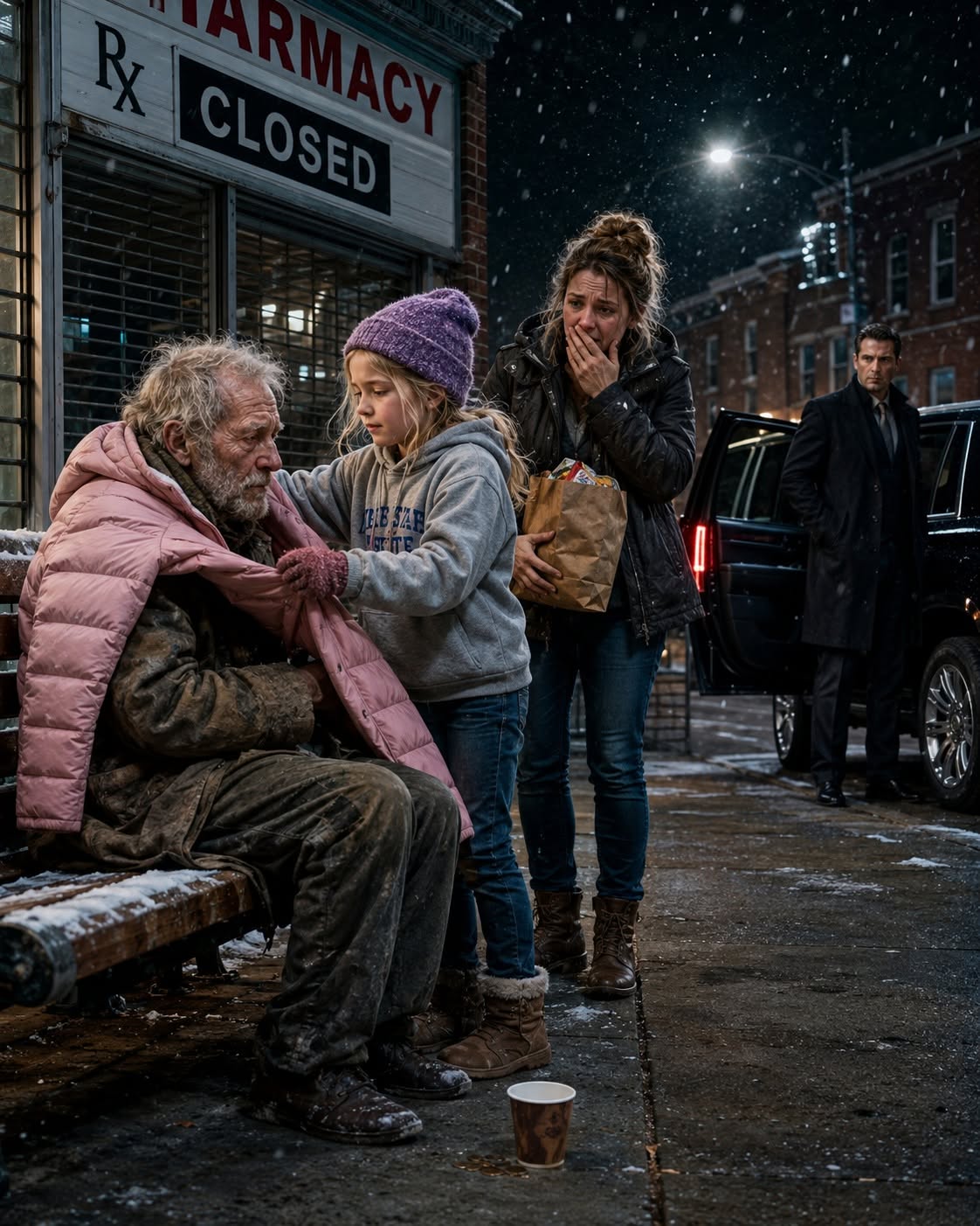 The little girl gave her only jacket to a freezing old man—then the mafia boss watching from the black SUV forgot how to breathe