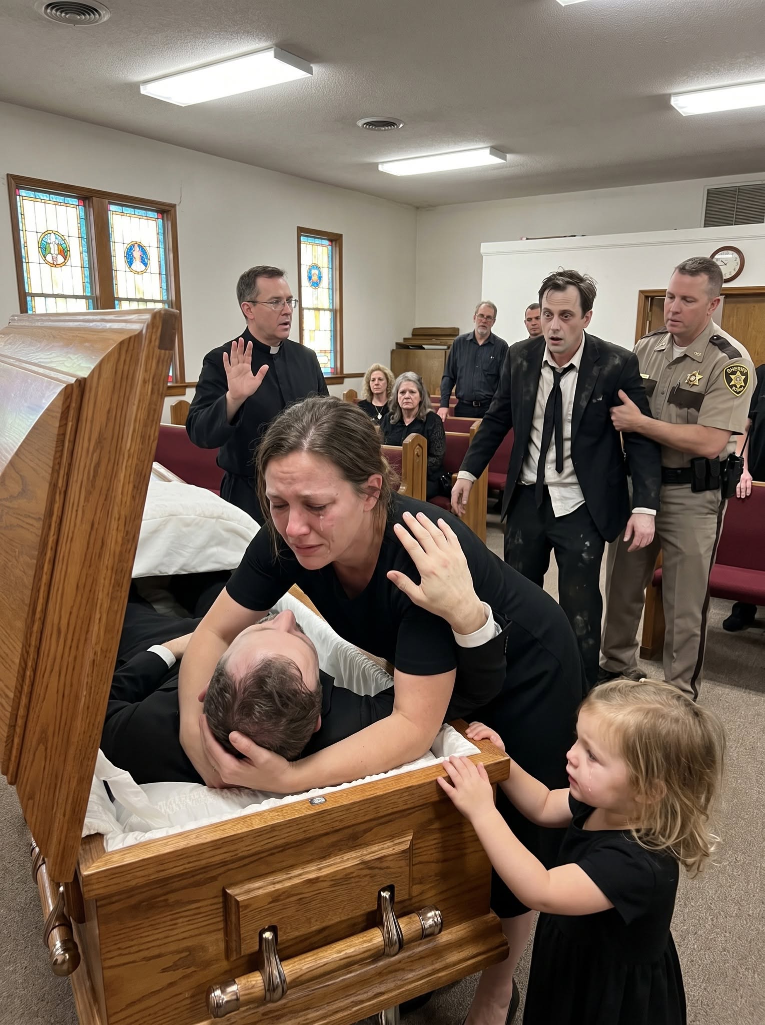 At my husband’s funeral, our two-year-old kept pointing at the coffin and crying, “Daddy is trapped.” Everyone called it grief—until three knocks sounded from inside. The cousin who had already pressured me to sell our house tried to stop anyone from opening it. Then he collapsed and admitted what he had put in my husband’s drink...