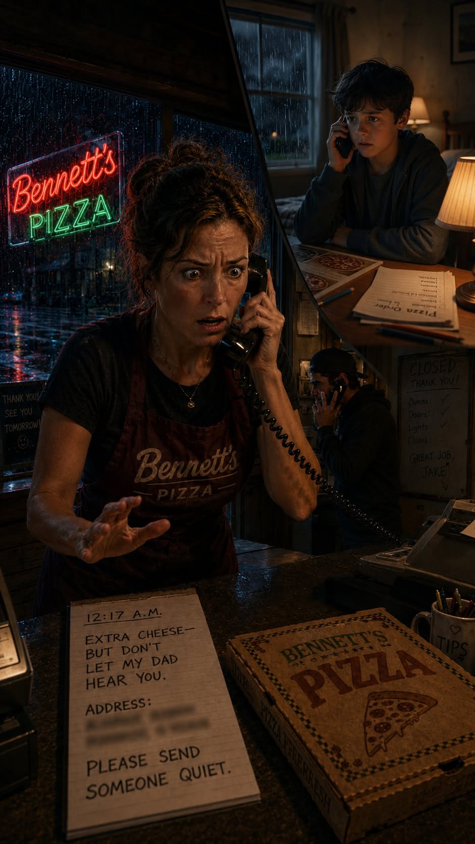 The boy called our pizza shop at 12:17 a.m. and whispered, “Extra cheese—but don’t let my dad hear you.” I almost told him we were closed, until he gave me an address, then breathed, “Please send someone quiet.”