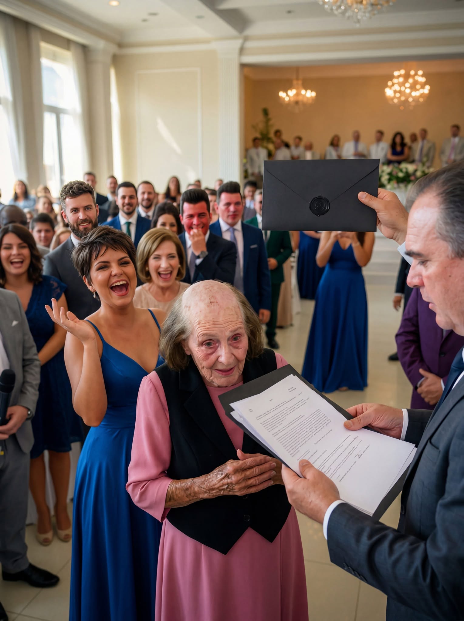 “My daughter-in-law tore the wig from my wife’s head at my son’s wedding, exposing the visible signs of months of cancer treatment while a few guests laughed. I walked onto the stage, wrapped my jacket around my wife, and opened the wedding envelope I had brought. The moment the bride saw the documents inside, her smile disappeared.”