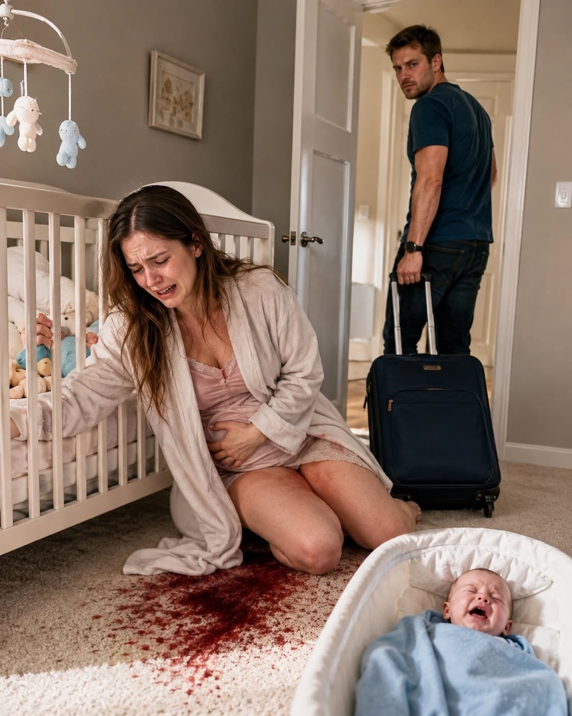 I was bleeding out on my newborn son's nursery floor while my husband looked me in the eyes and called me ""dramatic."" He walked away to celebrate his birthday anyway, never imagining that the blood soaking into that spotless carpet would become the evidence that destroyed everything he thought he could hide. By the time he came home, our marriage was already beyond saving.