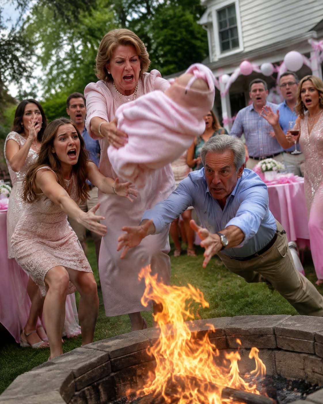 At my backyard baby shower, my mother lifted my six-week-old daughter and said, "You gave birth before your sister... you betrayed the order of our family." Then she threw Lily toward the fire. I didn't faint; I ran — and my quiet father dove through the flames before I could reach her.