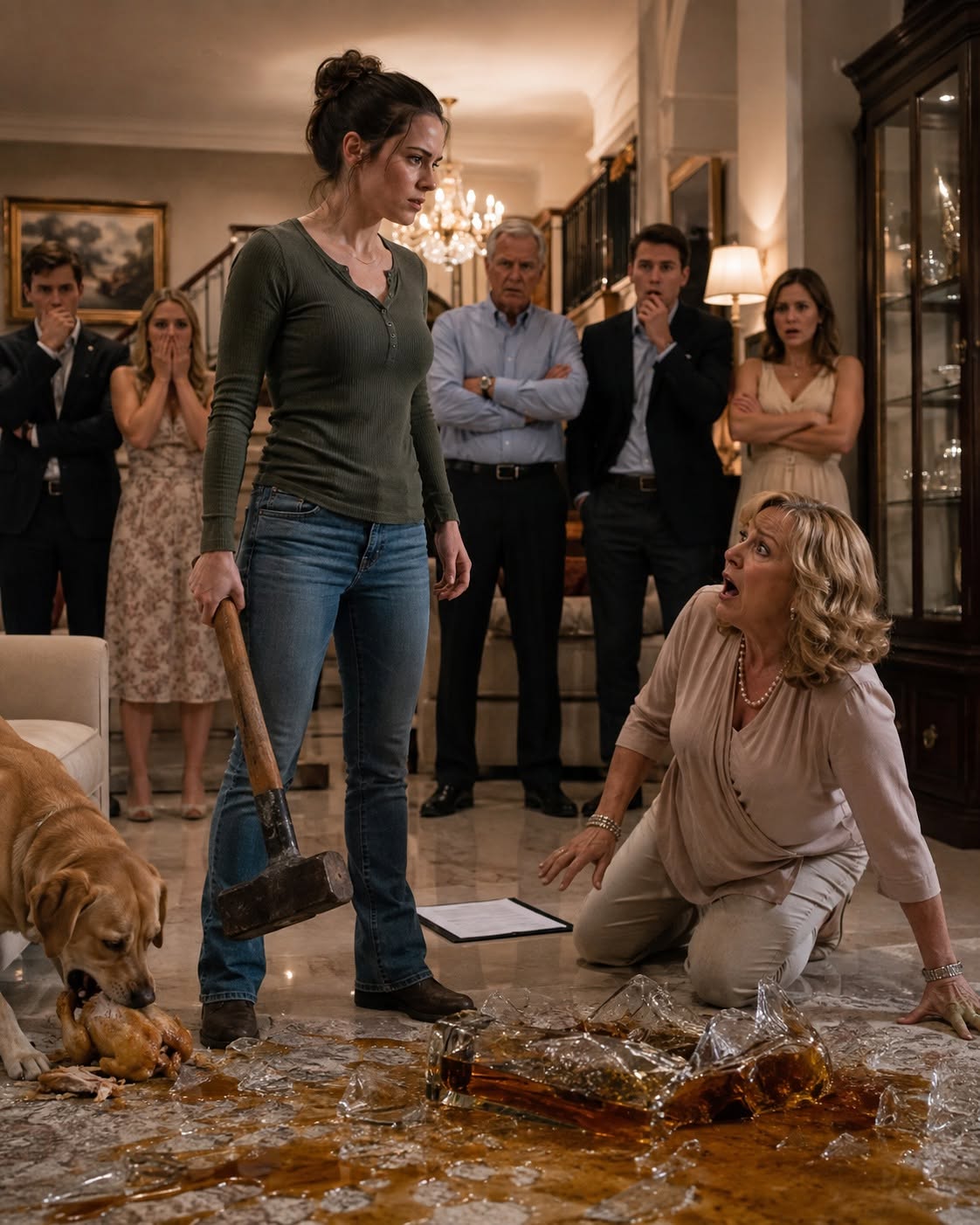 My mother-in-law threw the chicken my father had prepared with his own hands to the dog and sneered, “This garbage is only fit for animals.” After putting up with her humiliation for three years, I didn’t cry. Instead, I picked up a sledgehammer, smashed my husband’s $80,000 bottle, and placed a property deed on the table that made the entire family turn pale.