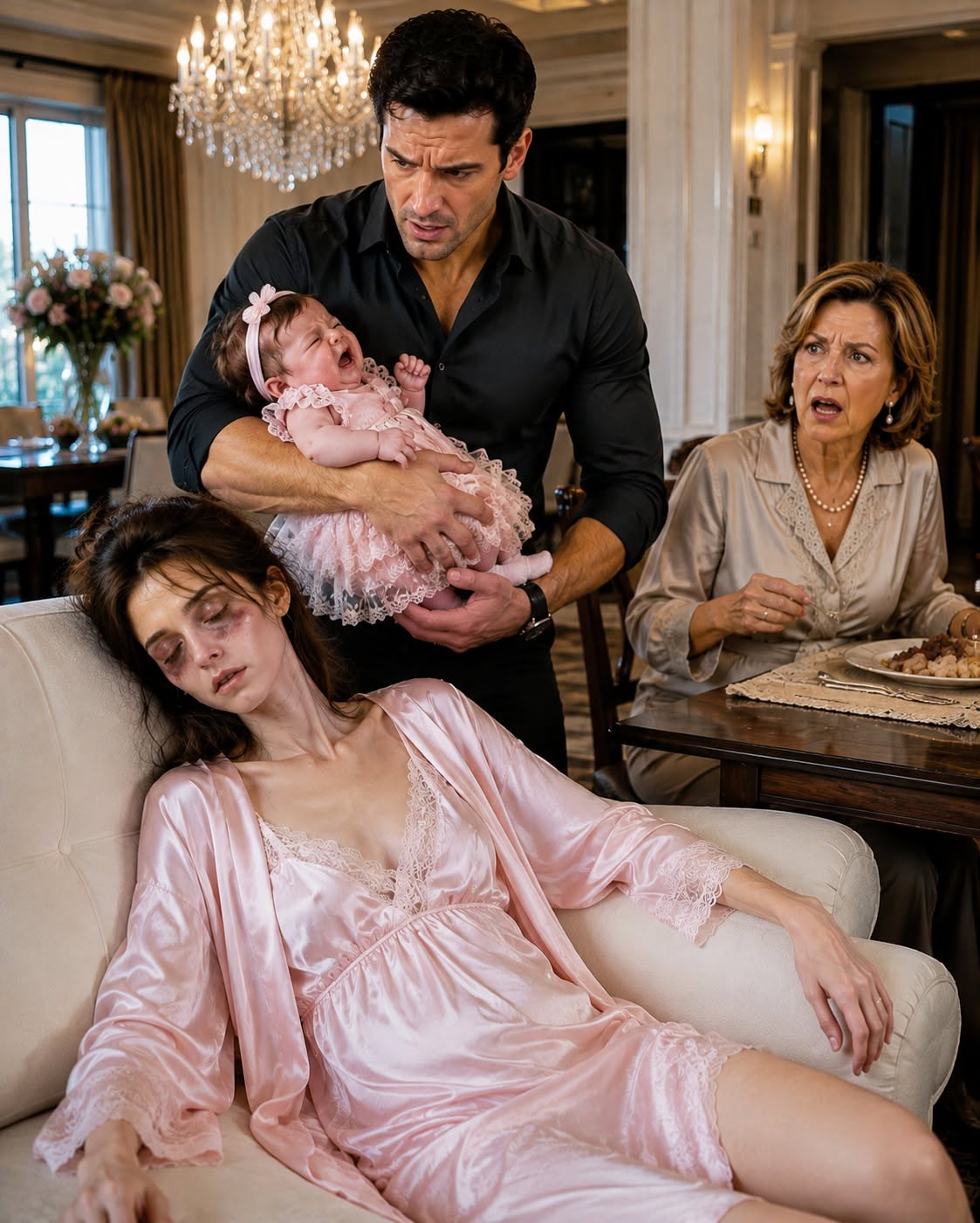 My mother called my wife a “drama queen” while she lay unconscious on our couch, ignored my screaming newborn, and calmly ate the dinner she had pressured my exhausted wife into cooking just two days after giving birth. The moment I walked through that door, I realized the woman who raised me wasn’t strong—she was cruel. What I did next left her speechless.