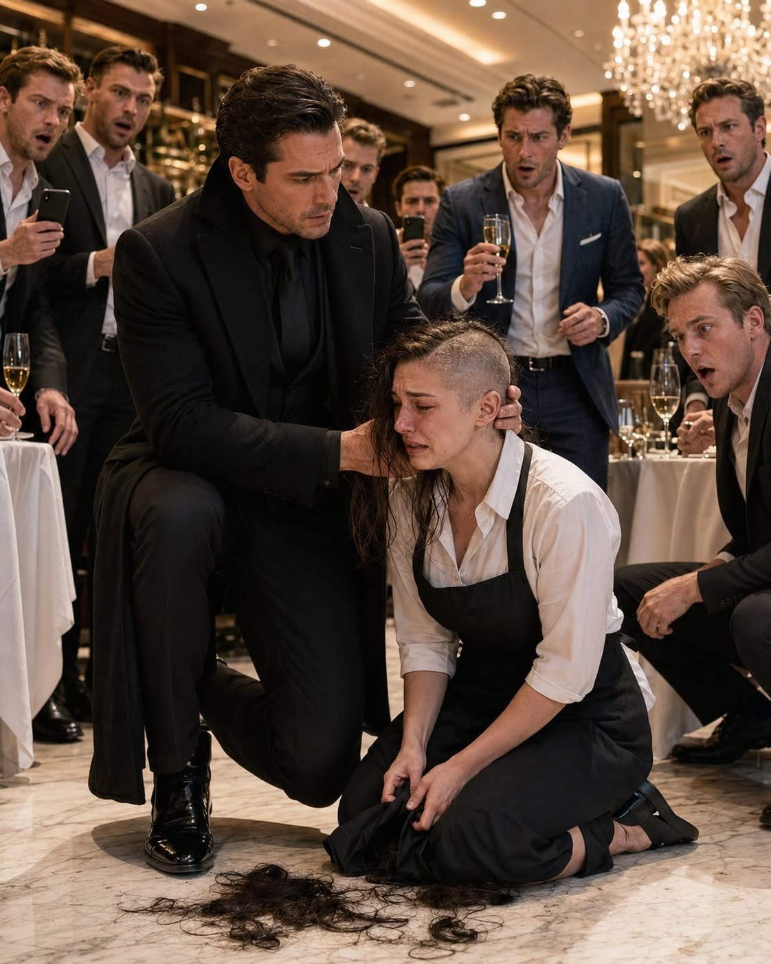 At 9:57 on a Friday night, I was kneeling on the marble floor of Chicago’s most exclusive restaurant, gathering fistfuls of my own hair while six wealthy men laughed above me. One of them still held the electric clippers, another filmed my humiliation on his phone, and none of them knew that in three minutes my shift would end—and my husband would walk through those doors.