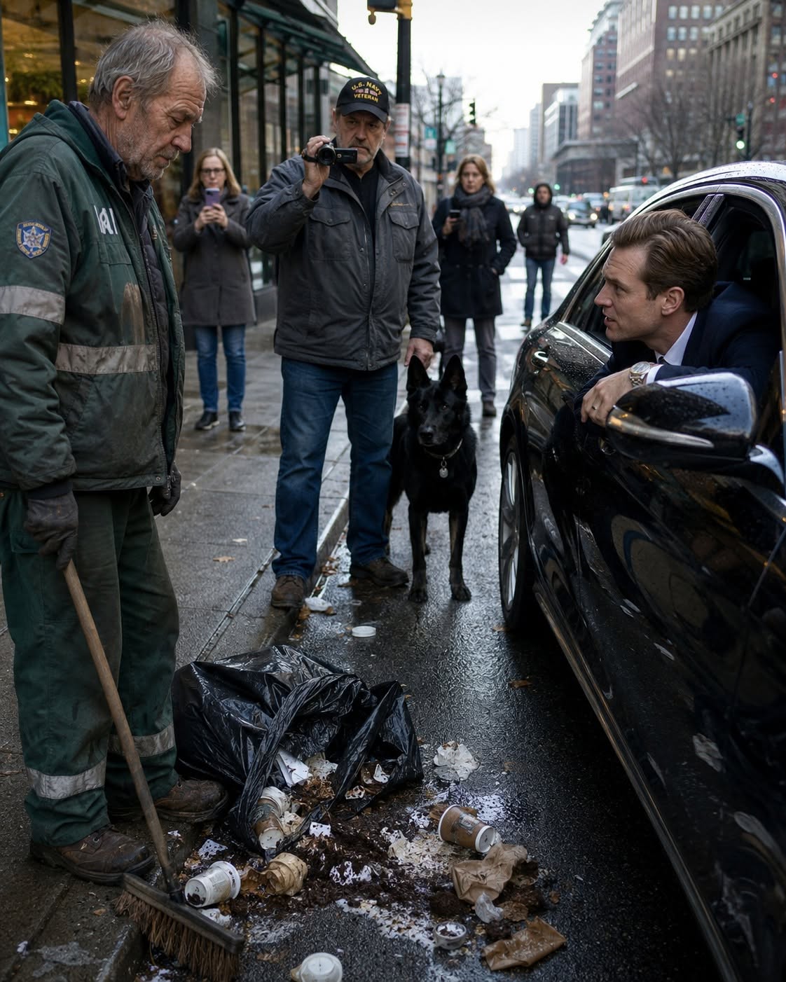 “I’m Keeping You Employed.” A Millionaire’s Son Dumped Garbage at an Elderly Street Cleaner’s Feet—Then a Quiet Veteran Raised His Camera and Exposed the Family Empire Behind Him