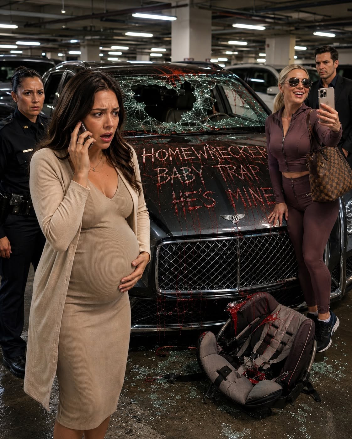 I was seven months pregnant when my husband’s mistress smashed every window of my SUV, slashed the tires, destroyed my unborn daughter’s car seat, and carved **HOMEWRECKER** into the hood. Then she smiled for selfies beside the wreckage—but she had no idea whose daughter she had just targeted.