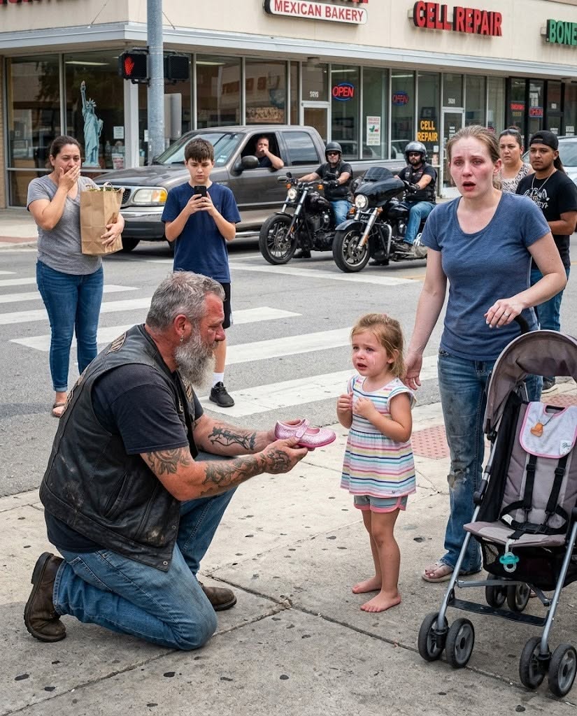 When the biker knelt to hand back her dropped shoe, the little girl looked at his beard and his leather vest and said: "Daddy?" Her mother froze — because the girl's father, also a biker, had died overseas before she was ever born. The biker's gentle answer went viral worldwide.