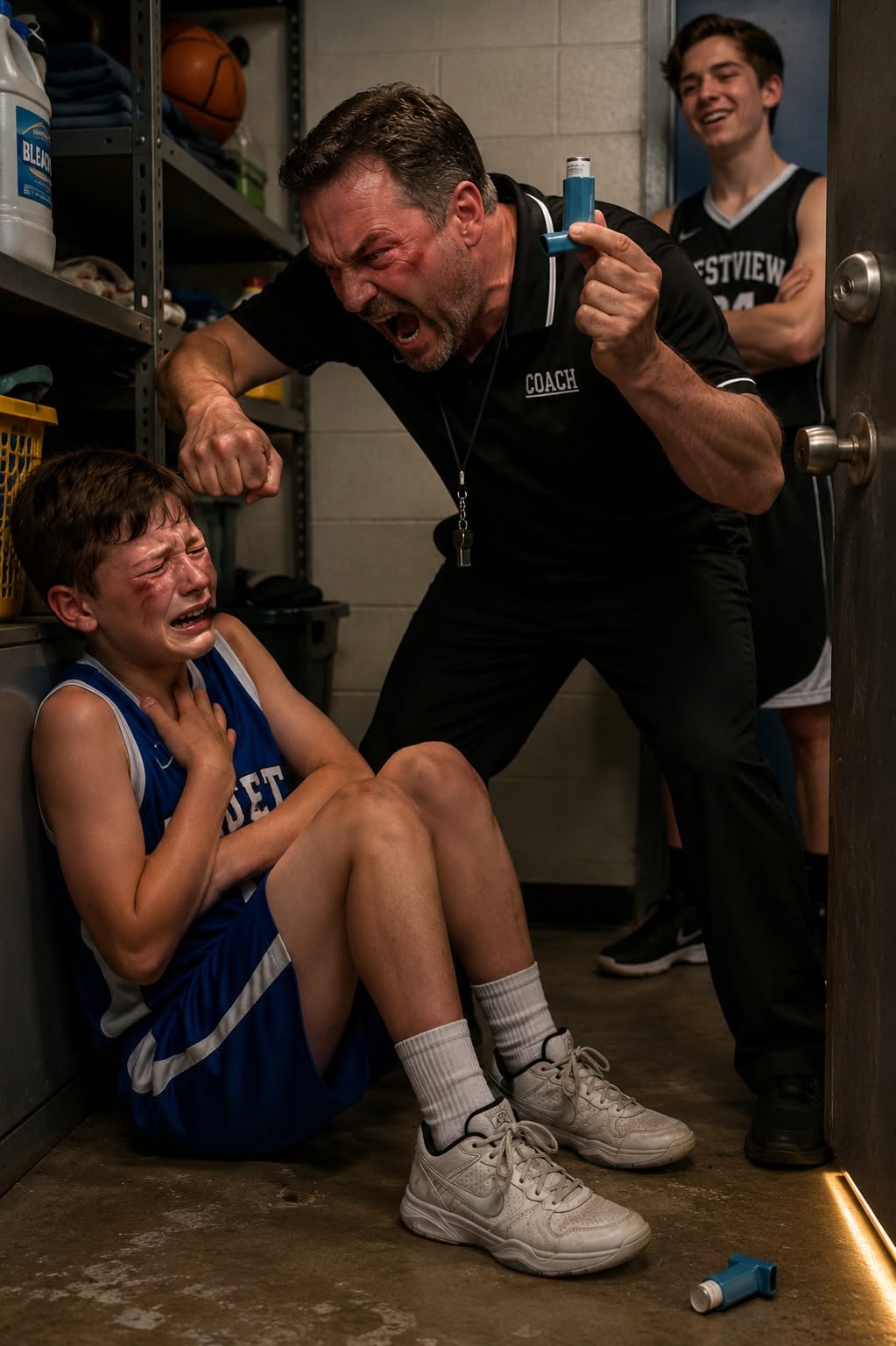 The coach punched my twelve-year-old son in the chest, took his inhaler, and locked him inside the equipment room because Noah had seen the coach’s son cheating. Then he ordered the entire team to keep playing while my boy pounded on the door and begged someone to tell me where he was.