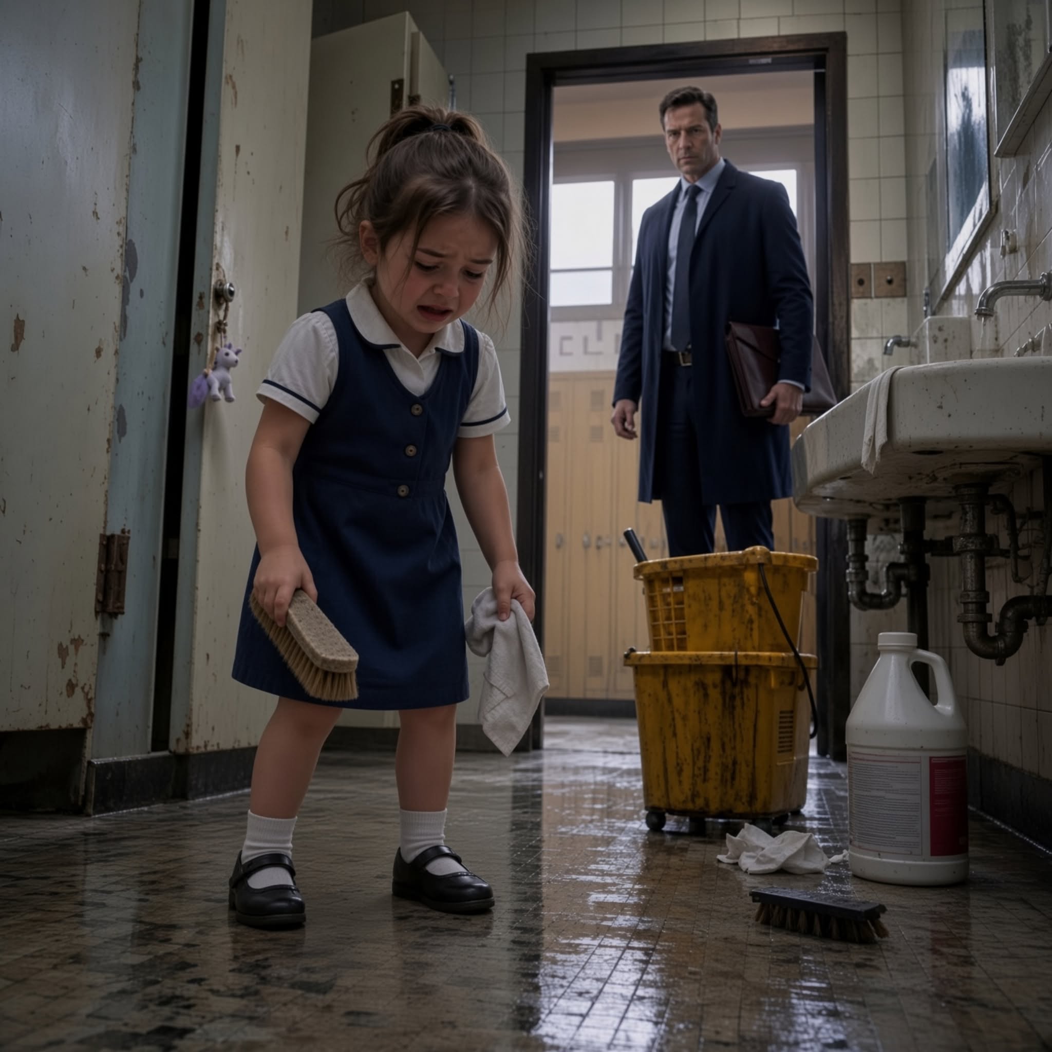 A solitary millionaire sees a little girl cleaning a school restroom... and is left heartbroken...