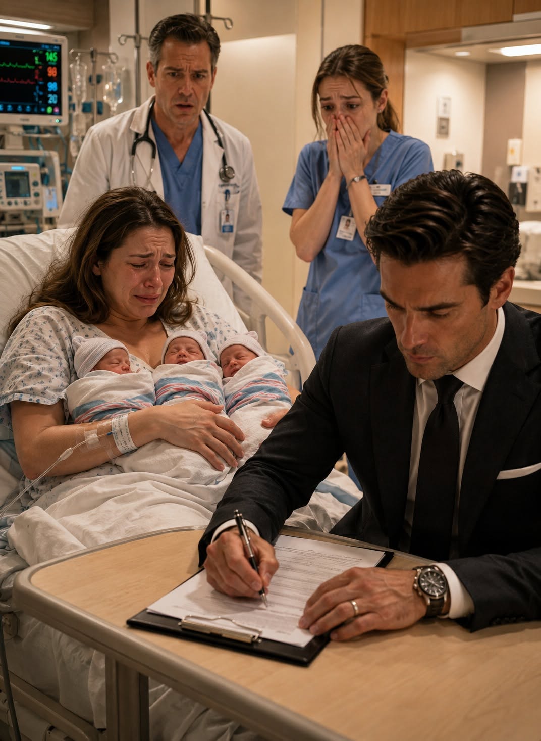 I was fighting for my life after giving birth to triplets when my husband stood outside my ICU room and quietly signed papers to end our marriage. He thought my unconscious body meant I was powerless—but he had no idea my grandfather had buried one clause in his will that could strip Vincent of his fortune, his company, and everything he believed he owned.