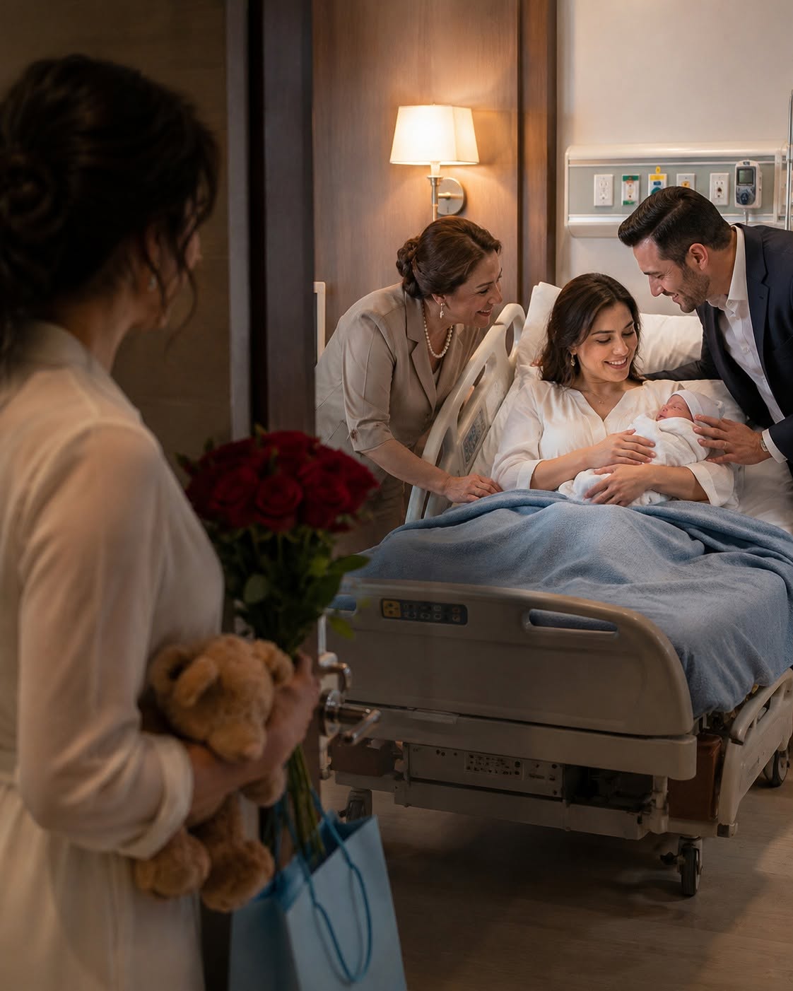 I walked into the maternity ward carrying gifts for my newborn nephew—and stopped outside Room 312 when I heard my husband laughing with my sister and mother. “Don’t let Valeria realize the baby has Diego’s eyes… not yet.” What they didn’t know was that every vicious word they said was already being recorded.