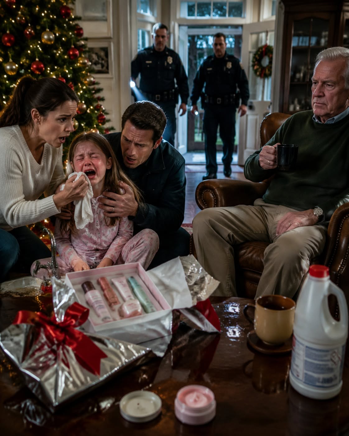 On Christmas morning, my 9-year-old daughter opened a gift box from my father-in-law. Seconds later, she screamed that her face was burning. My husband rushed her to the hospital, but hours later, he returned with police officers. What they found inside our home exposed a truth none of us were ready for.
