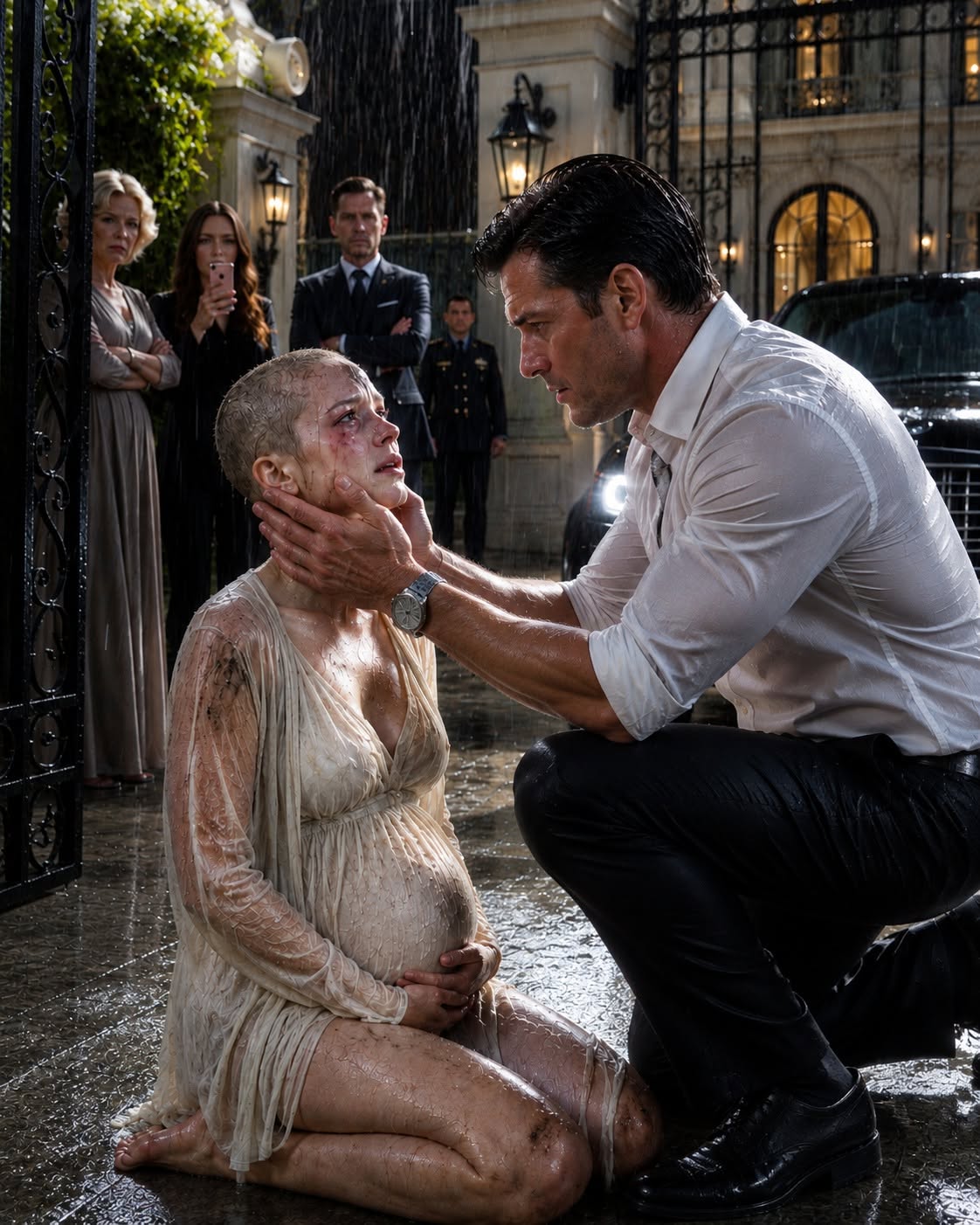 By the time my husband reached the gates, I was eight months pregnant, barefoot in freezing rain, and nearly bald because his mother had ordered my hair hacked off inside the mansion. Every person under that roof had watched in silence, but none of them knew what Roman Kane would do when he saw me.