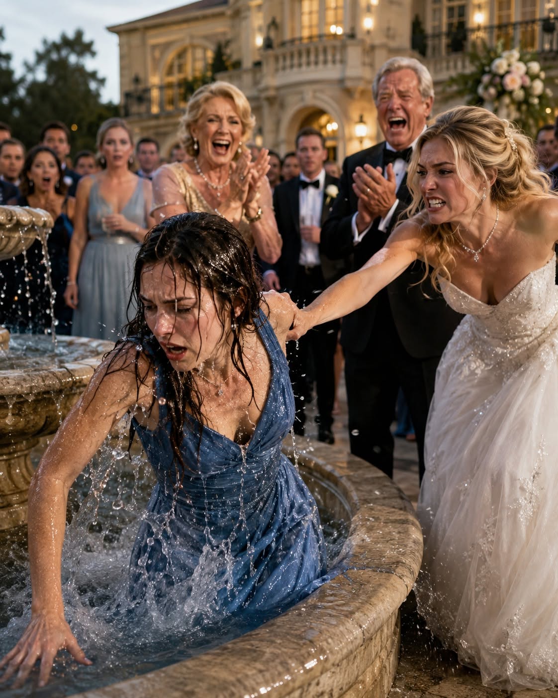 I arrived at my sister’s wedding wearing the same old dress she had mocked for years. She wrinkled her nose and sneered, “She reeks of poverty.” Then she shoved me into the fountain, laughing, while our parents clapped. “It’s just a joke,” they said. Soaked but smiling, I stepped out, raised the microphone, and glanced at the lawyer waiting beside the stage. “You’re right,” I whispered. “Now let’s see who laughs last.”