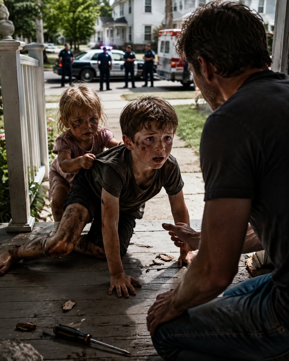 My six-year-old nephew dragged his broken leg across seven blocks of pavement to reach my porch, with his starving three-year-old sister clinging to his shirt. I was fixing a loose hinge when I heard scraping on the steps and turned to see Drew crawling toward me, pale, shaking, and whispering, “She locked us downstairs again.” I called 911 before I even understood the whole story. But when he told me about Reena’s punishment room, I knew my brother had died believing a terrible lie.