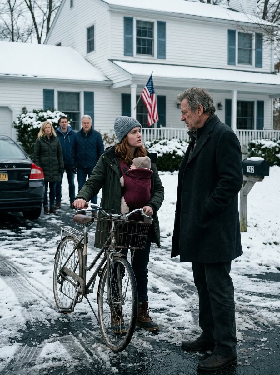 My grandfather found me standing on a freezing sidewalk, my newborn pressed against my chest and an old bicycle beside me. His gaze moved slowly—from my baby, to the flat tire, then toward the driveway where my sister was using the car that was supposed to be mine. His voice stayed calm, but there was something sharper behind it when he asked,