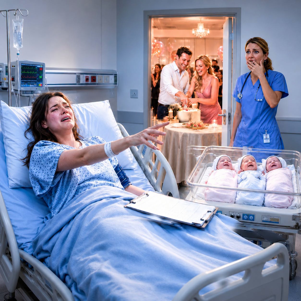 Blding wife signs her c-section to save triplets while cruel husband turns off phone to cut cake with his first love. returning, he freezes hearing a nurse: "she left 4 days ago, isn't she home?"
