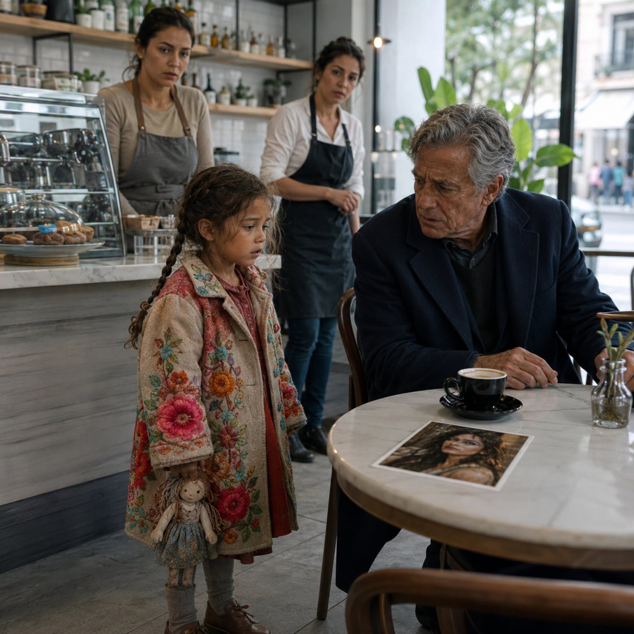 A poor girl asks for food at a café and then sees a millionaire holding a photo of her mother...