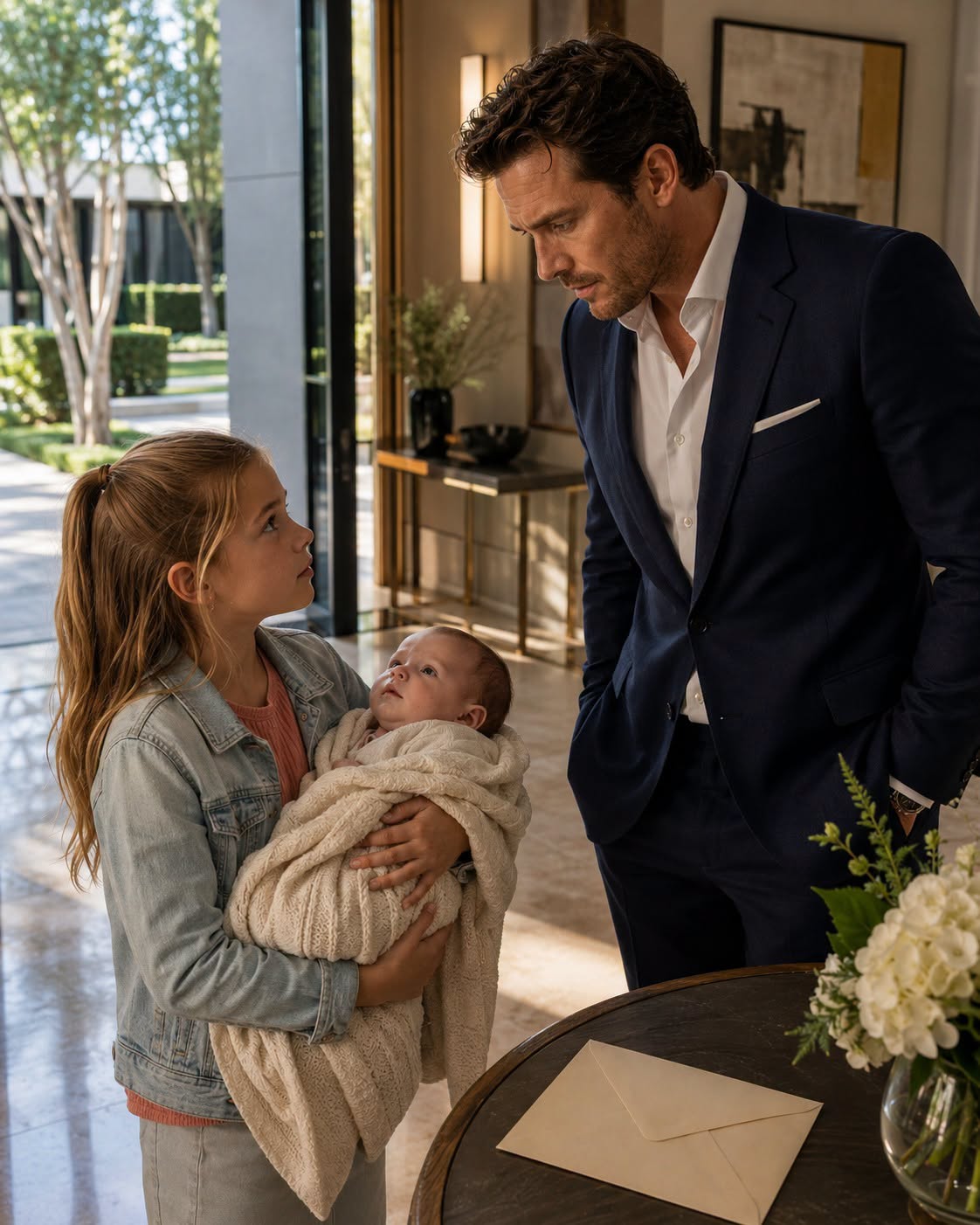 A seven-year-old girl knocked on a billionaire's front door carrying a newborn she had found inside a trash bag behind his estate. When the baby opened his eyes and the businessman recognized the same piercing gray-blue stare, a sealed envelope exposed a secret that had been hidden from him for more than a decade.