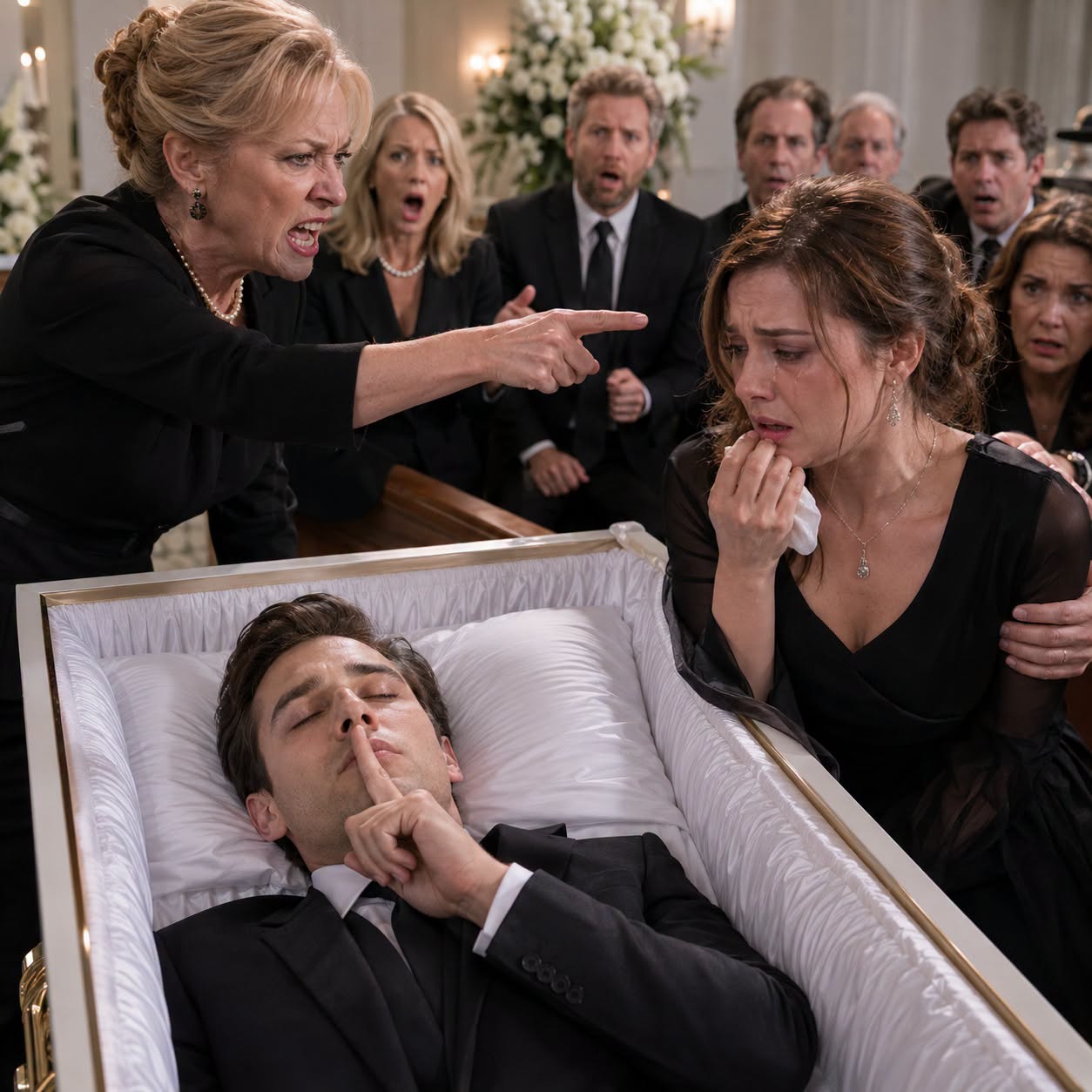 At my husband's funeral, my mother-in-law looked me straight in the eye and coldly said, "It's better for him to die now than to live with the humiliation she brought upon him." Relatives nodded and whispered in agreement. Before I could reply, I saw my husband's fingers move inside the open coffin – our secret signal to keep quiet. A few seconds later, he sat up, the police stormed into the chapel, and my mother-in-law was handcuffed and led away.