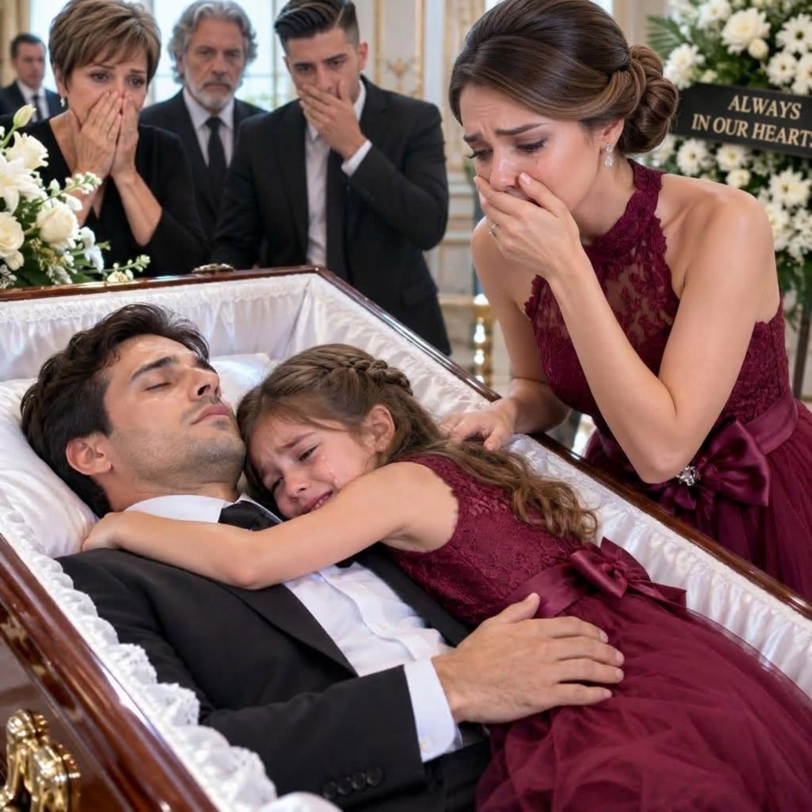 For 7 hours, my 8-year-old daughter refused to leave her father’s coffin while our entire family begged her to step away. Then she looked straight at me and whispered, “Mommy, Daddy isn’t dead.”