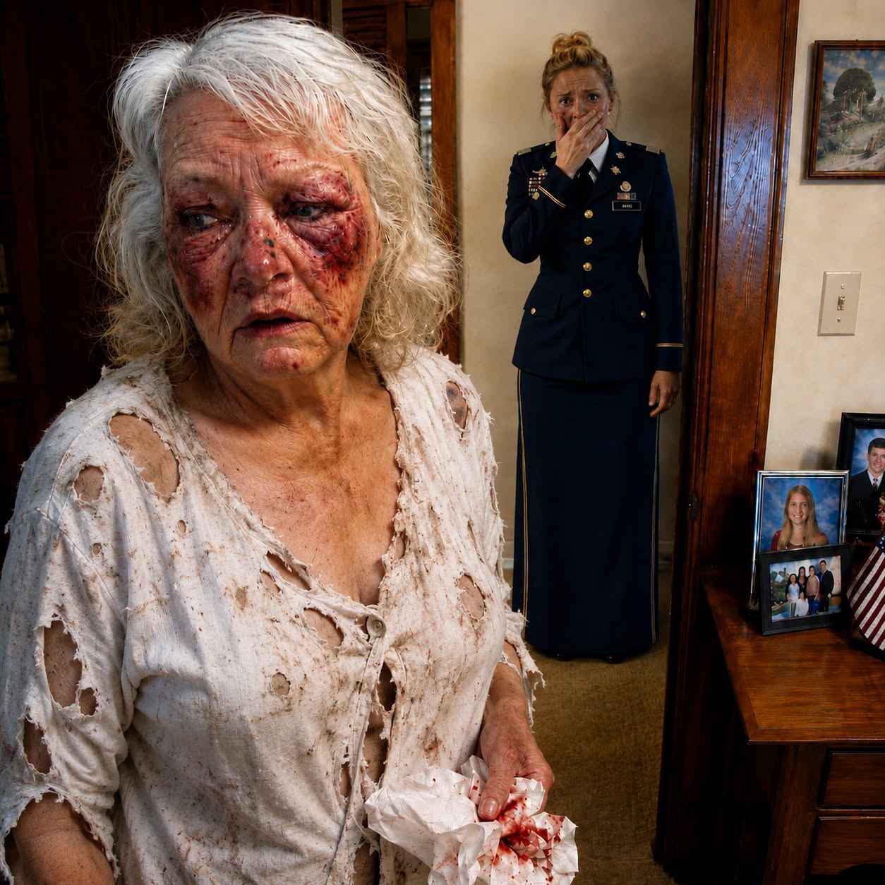 I came home early to surprise my mother and wife, but the sight in the kitchen stopped me cold. Mom was bleeding, trembling from hunger, desperately forcing scraps of food into her mouth while my wife lounged nearby, laughing over a glass of wine. “She’s being dramatic,” my wife said. I stared at my mother’s bruises, then quietly locked the front door. “Enjoy that wine,” I whispered. “By tomorrow, you may have nothing left to celebrate.”