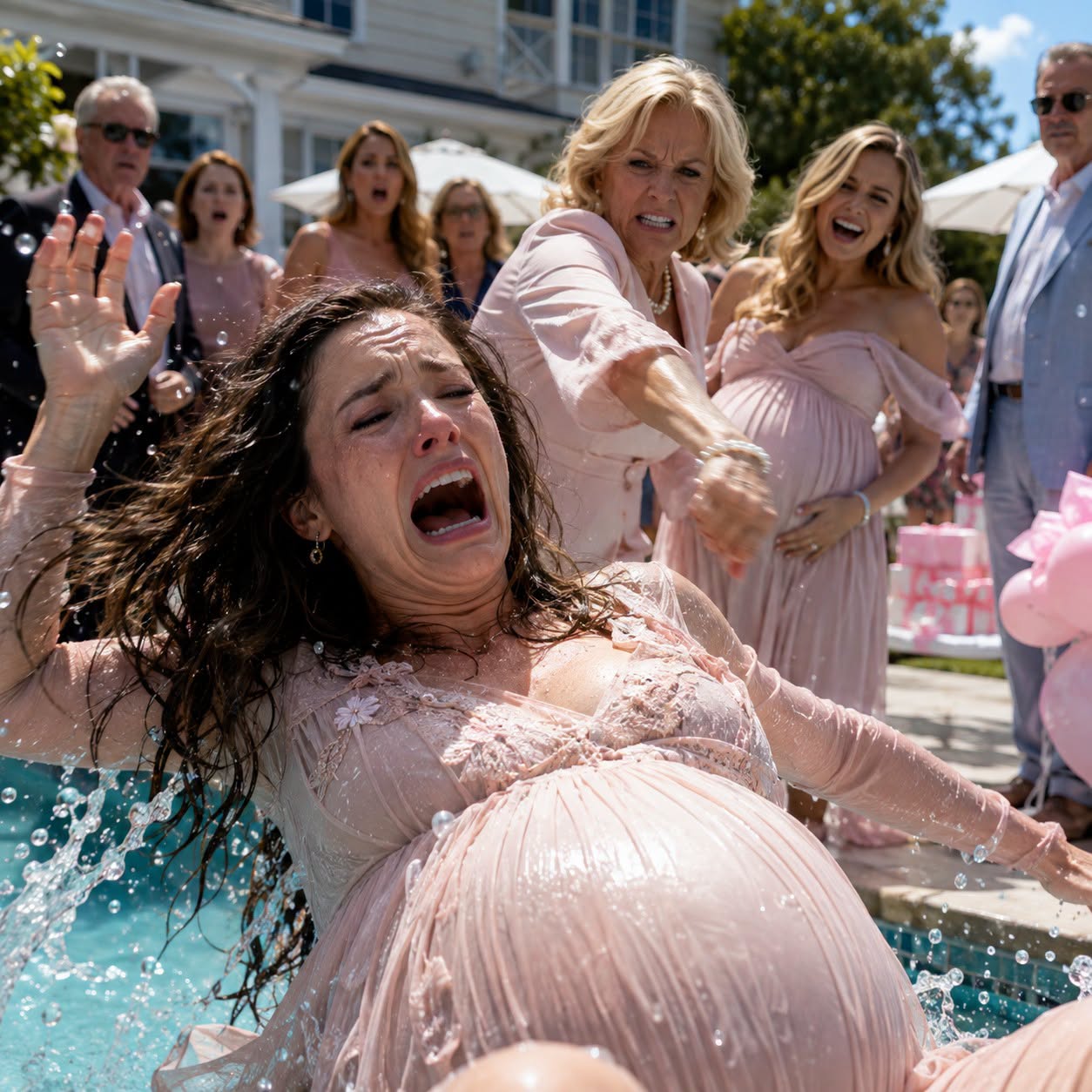 My twin sister and I were both eight months pregnant. At her baby shower, my cru/el mom demanded that I give my $18,000 baby fund to my sister, saying, “She deserves it more than you!” When I firmly refused, saying, “This is for my baby’s future!”, she called me selfish and then suddenly pu//nc/hed me hard in the stomach with full force. My water broke immediately and I blacked out from the pa/i/n, falling backwards into the pool. Dad said, “Let her float there and think about her selfishness!” My sister laughed, “Maybe now she’ll learn to share!” They all just stood there watching me drown while un/cons/cious. Ten minutes later, I woke up on the edge of the pool where a guest had pulled me out. But when I looked at my pregnant belly, I screamed in sh0ck….