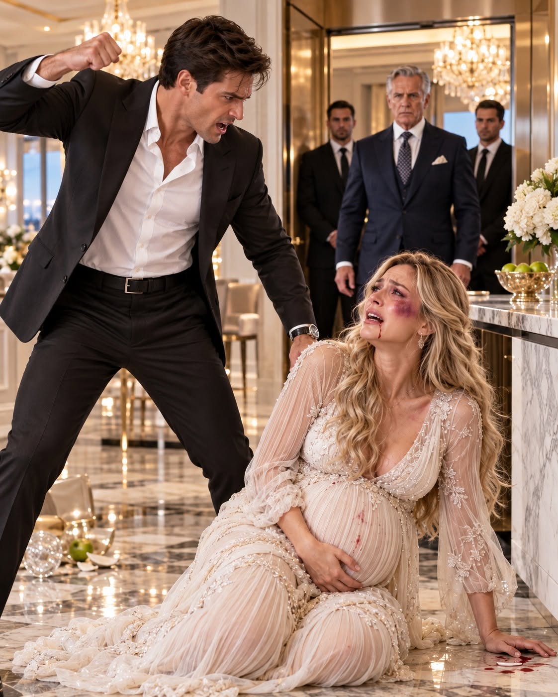 Eight months pregnant, I stood bleeding beside our marble kitchen while my millionaire husband screamed, “You’re nothing without me!” and raised his hand again. What Ryan didn’t know was that the billionaire father whose identity I had hidden for years was already inside the private elevator, coming upstairs to witness the mistake that would destroy everything Ryan thought he owned.