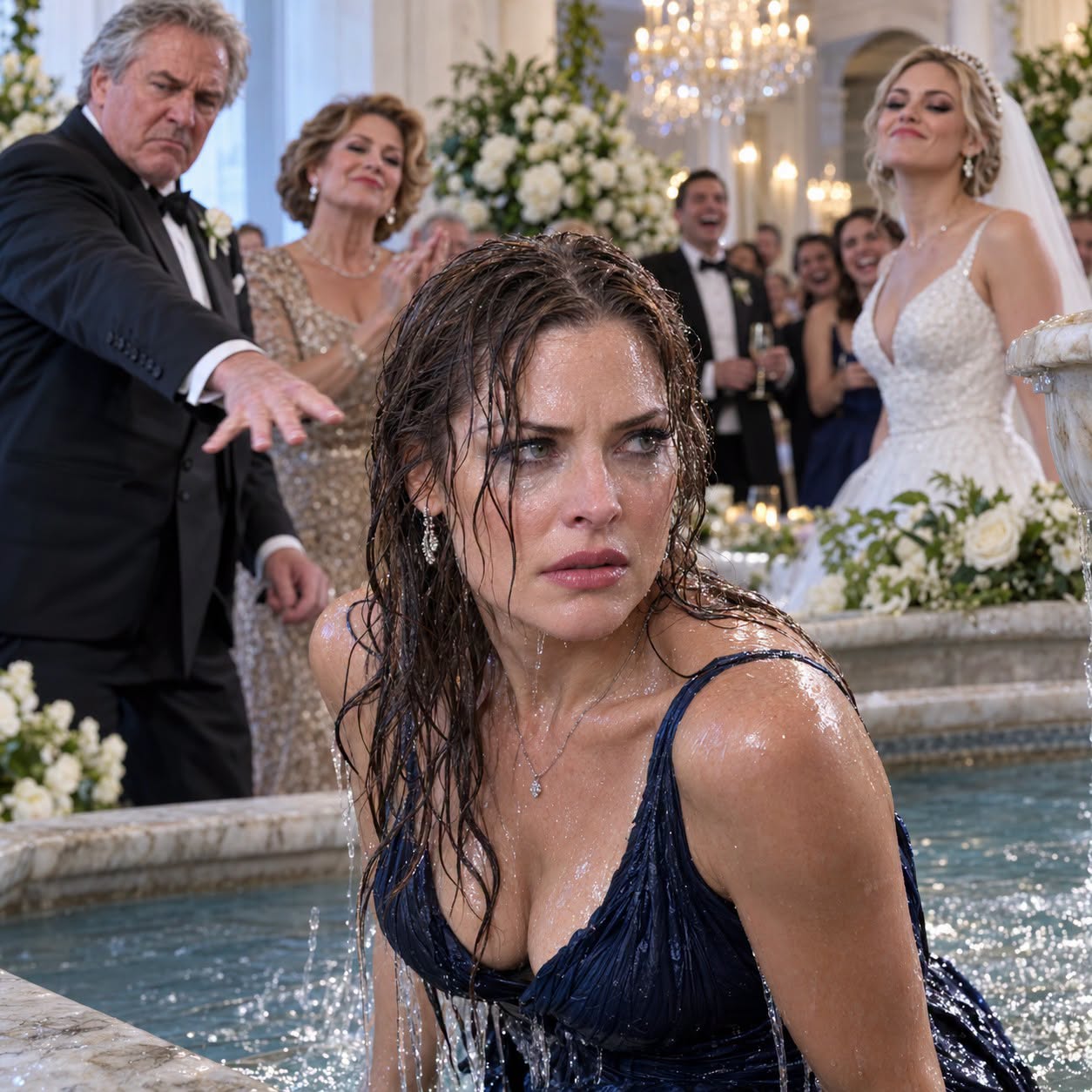 AT VANESSA’S WEDDING, MY FATHER SHOVED ME. I STUMBLED INTO THE FOUNTAIN. MY SAVED-FOR NAVY DRESS WAS SOAKED AND RUINED. THEN THE GUESTS LAUGHED, MY MOTHER CLAPPED ONCE. I DIDN’T GET MAD. A QUIETER DECISION WAS MADE.