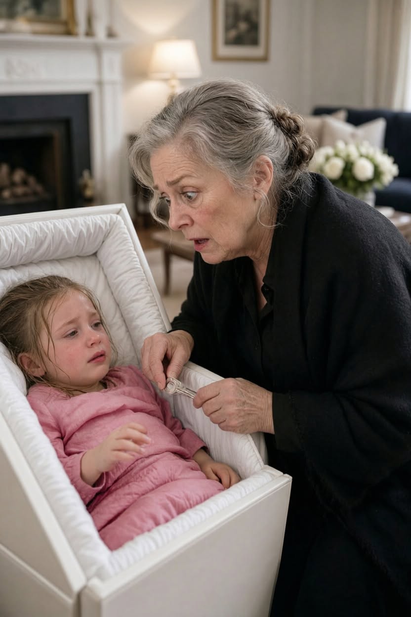At my 6-year-old granddaughter's funeral, I leaned over her casket to say a final goodbye. Then I heard a faint, desperate scrape from inside. "Daddy said if I woke up, I would ruin everything," she whispered. I froze. My son and his wife had told everyone she died from a sudden contagion. I pried the lid open. As I lifted my breathing grandchild, heavy footsteps rushed down the stairs...