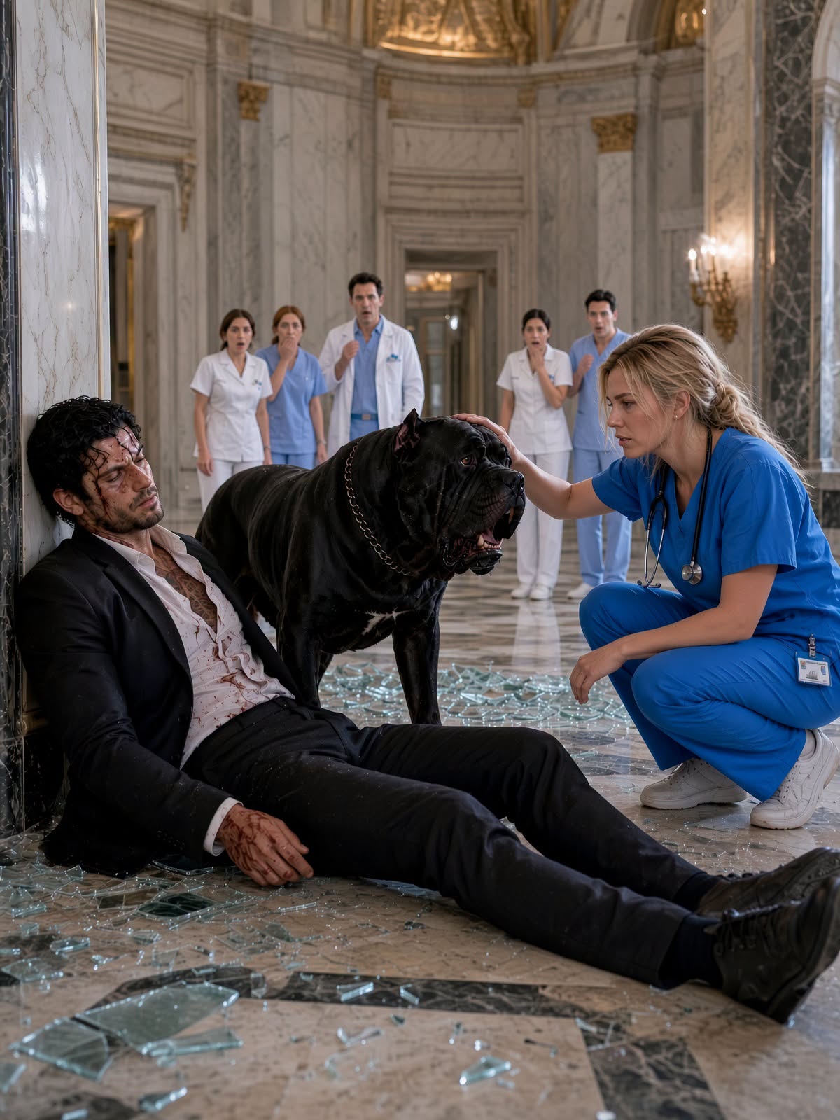 Thirty Armed Men Couldn’t Reach the Unconscious Crime Boss—Then His Guard Dog Chose the Exhausted Nurse Nobody Had Invited, and the Entire Mansion Went Silent