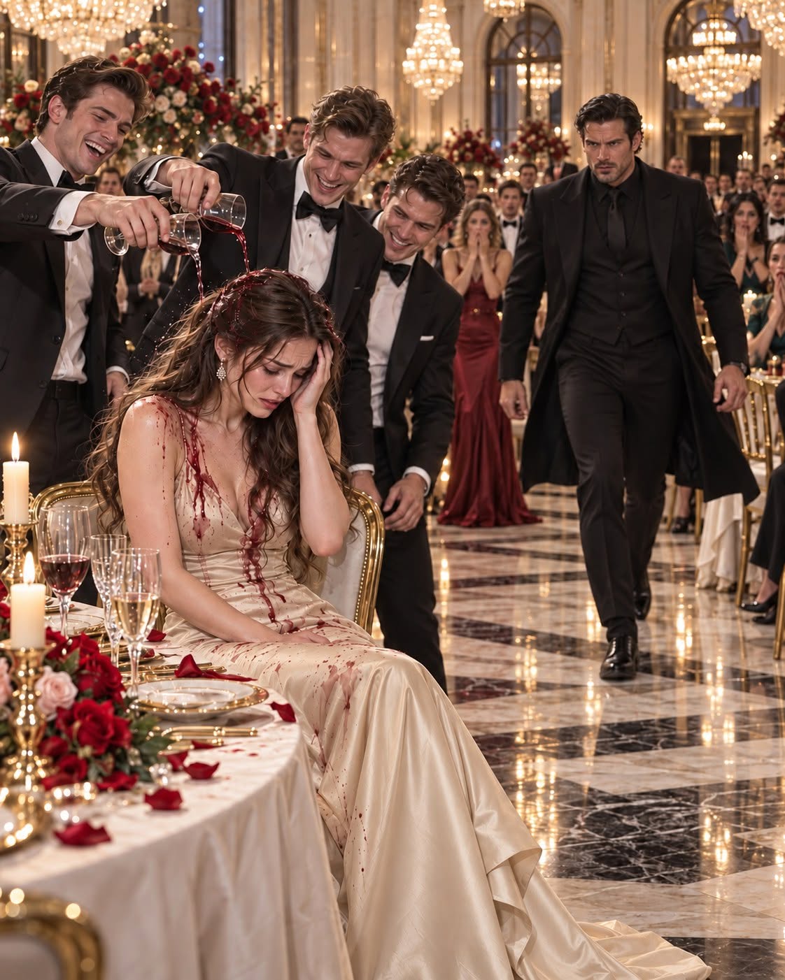 Red wine hit my face beneath a thousand glittering crystals, and the laughter that followed was even colder. Three wealthy young men thought I was a nobody they could humiliate for entertainment—but none of them knew whose daughter they had just drenched in front of half of Chicago’s elite.