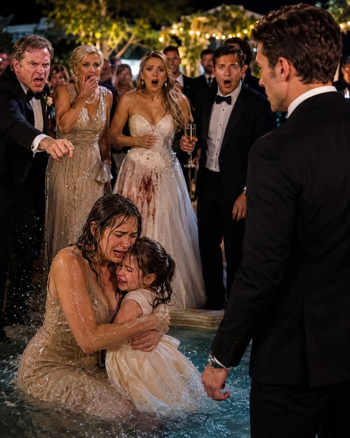 My parents laughed while I climbed out of a wedding fountain soaking wet with my crying daughter in my arms… but ten minutes later, the billionaire they worshipped was on his knees apologizing to my husband in front of every guest.