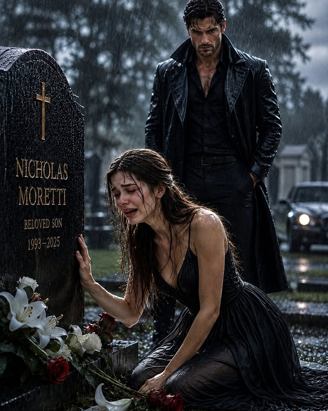 Six months after I buried my husband, I found him standing ten feet from his own grave in the rain—alive, silent, and watching me cry over the lie he had let me believe. I had spent half a year apologizing to a dead man, and now Nicholas Moretti was looking at me like he had never stopped breathing at all.