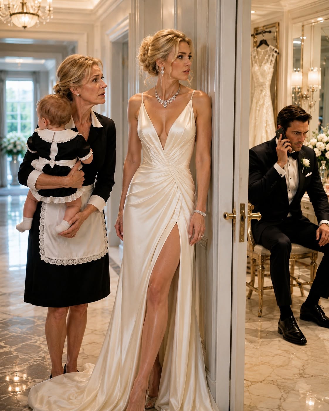 Ninety minutes before my wedding, my son’s nanny grabbed my arm and whispered, “Don’t go downstairs yet. You need to hear what Adrian is saying.” I hid behind a half-open door in my wedding dress and listened to the man I was about to marry discuss my company, my house, and my eleven-month-old son like they were assets he planned to acquire.